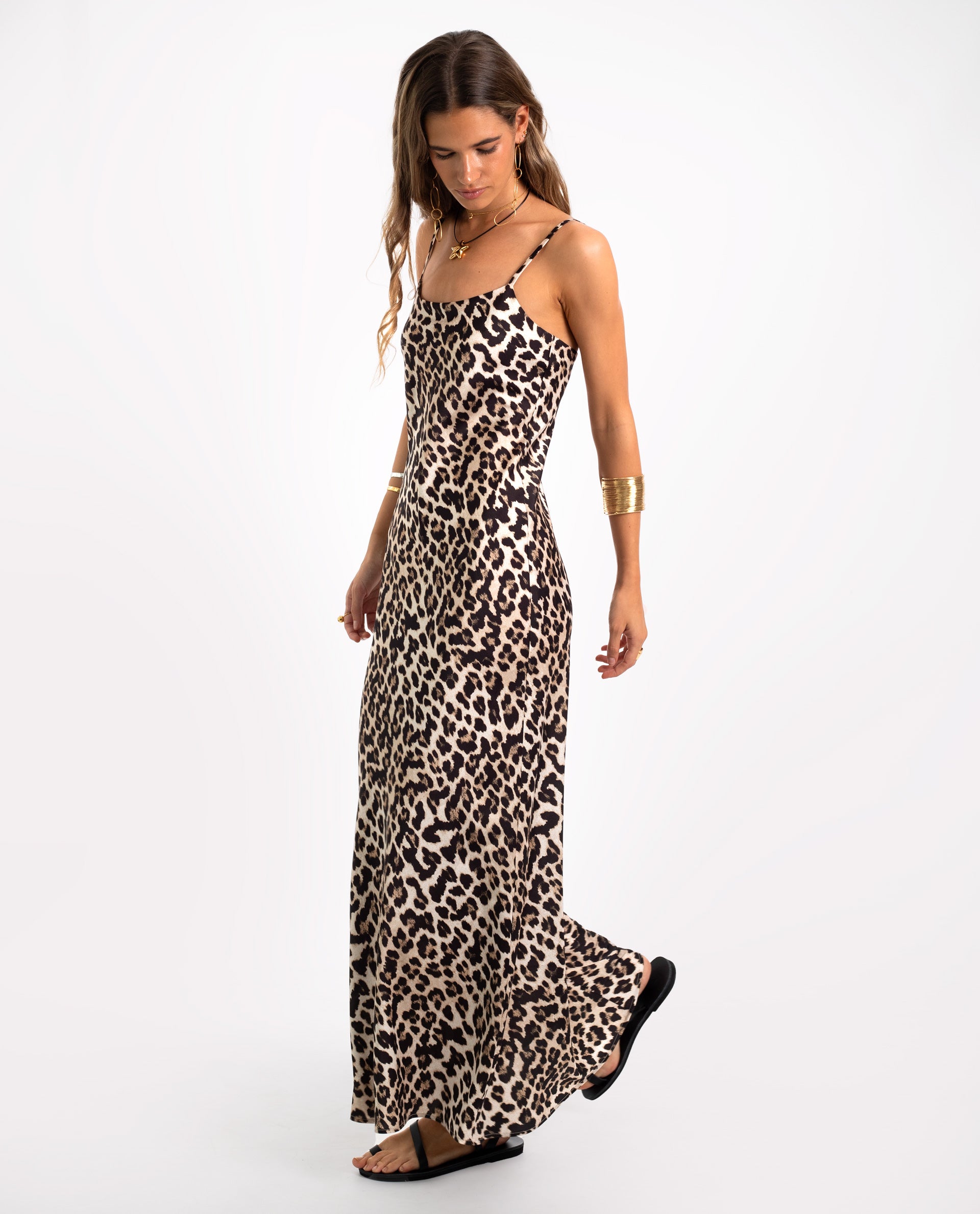 Vestido Comprido Interior com Estampado de Leopardo Preto-3