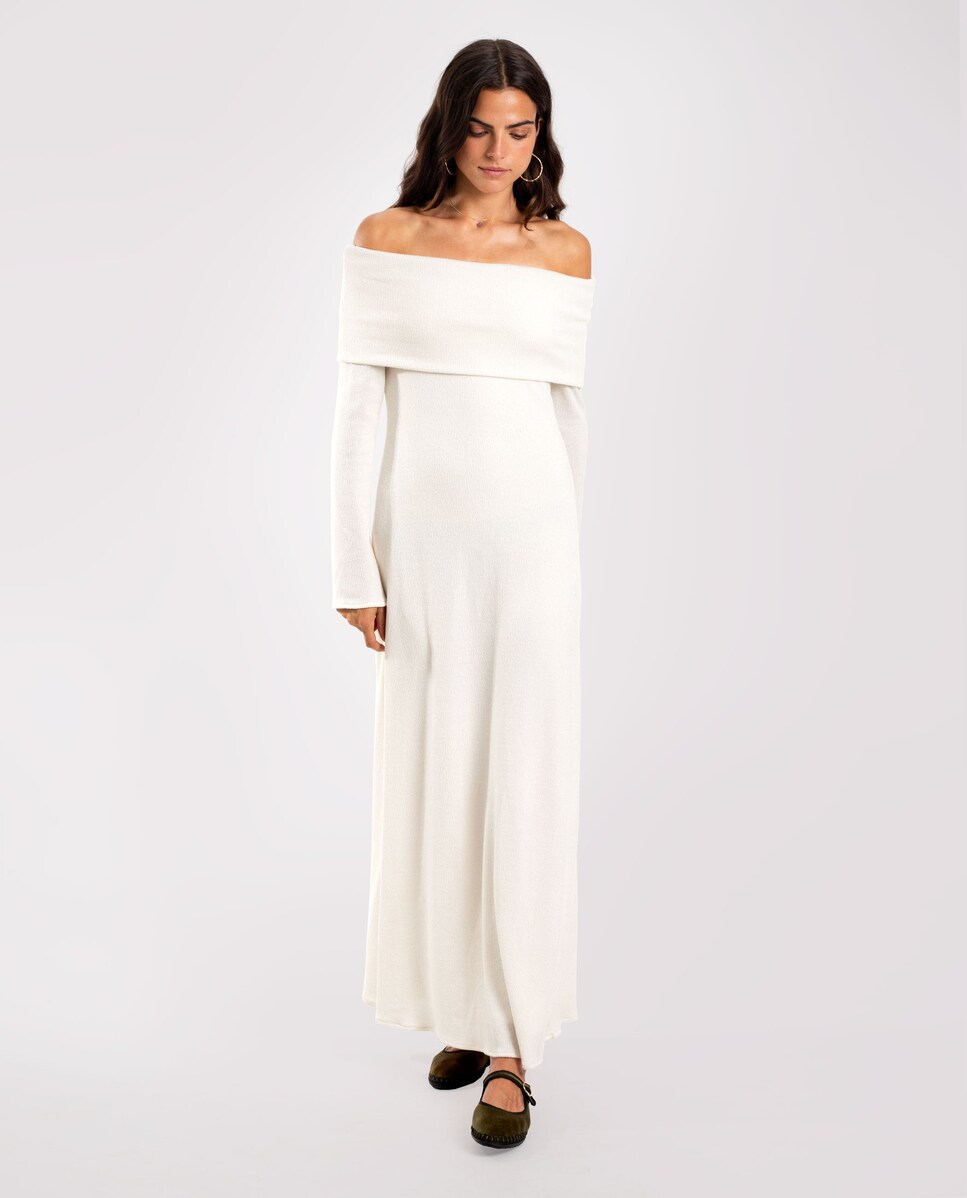 Vestido Comprido de Malha com Manga Comprida Cru-3