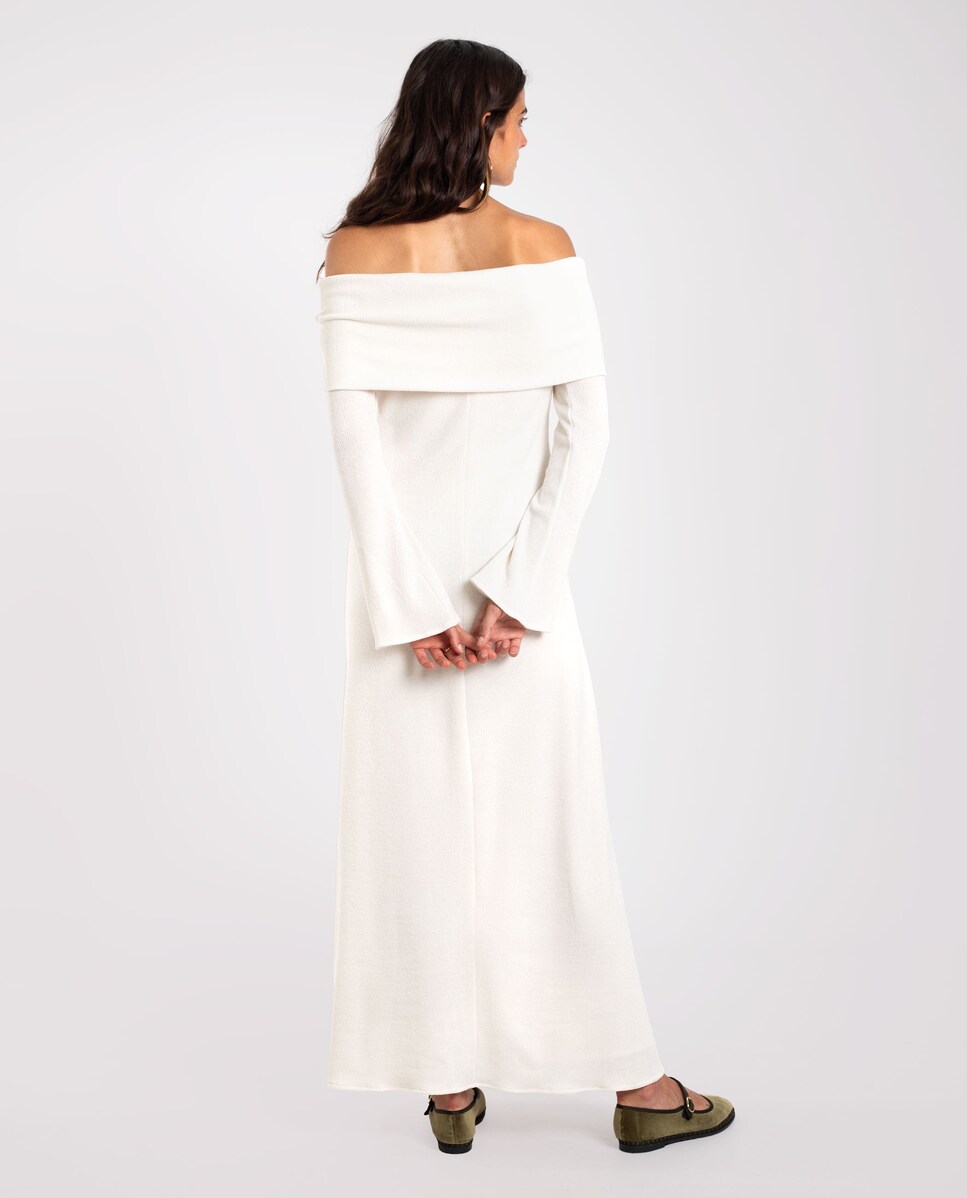 Vestido Comprido de Malha com Manga Comprida Cru-4