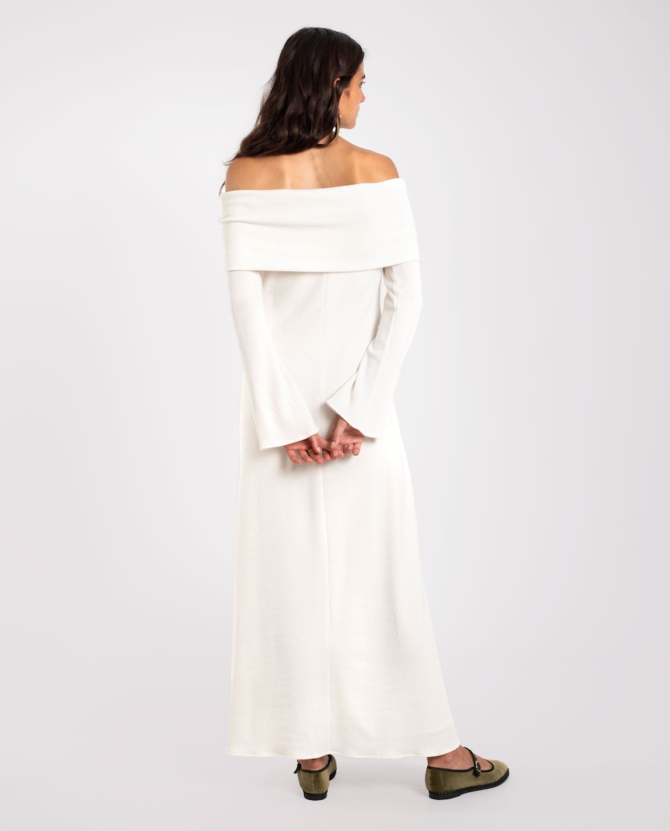 Vestido Comprido de Malha com Manga Comprida Cru-4