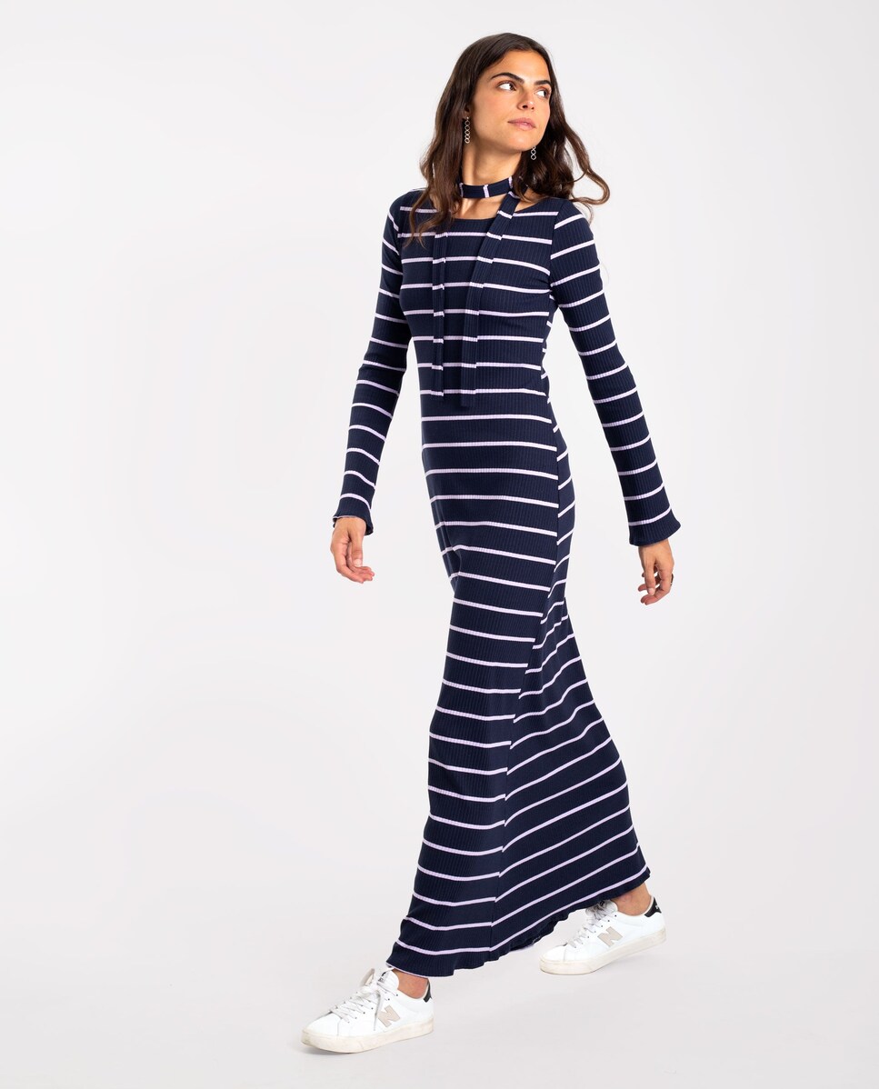 Vestido Comprido de Malha com Manga Comprida Azul-1