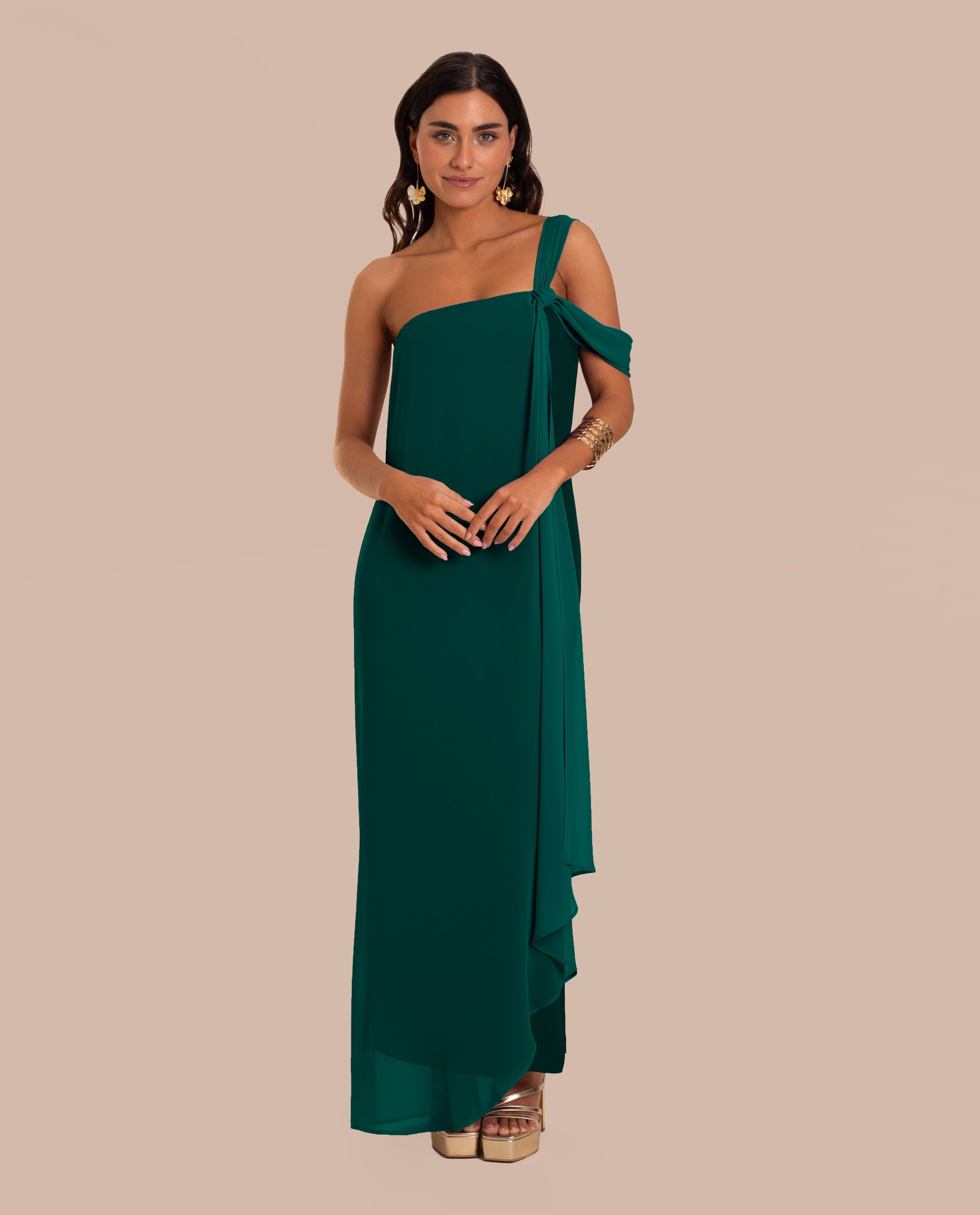 Vestido Midi de Decote Bardot com Capa Verde-1