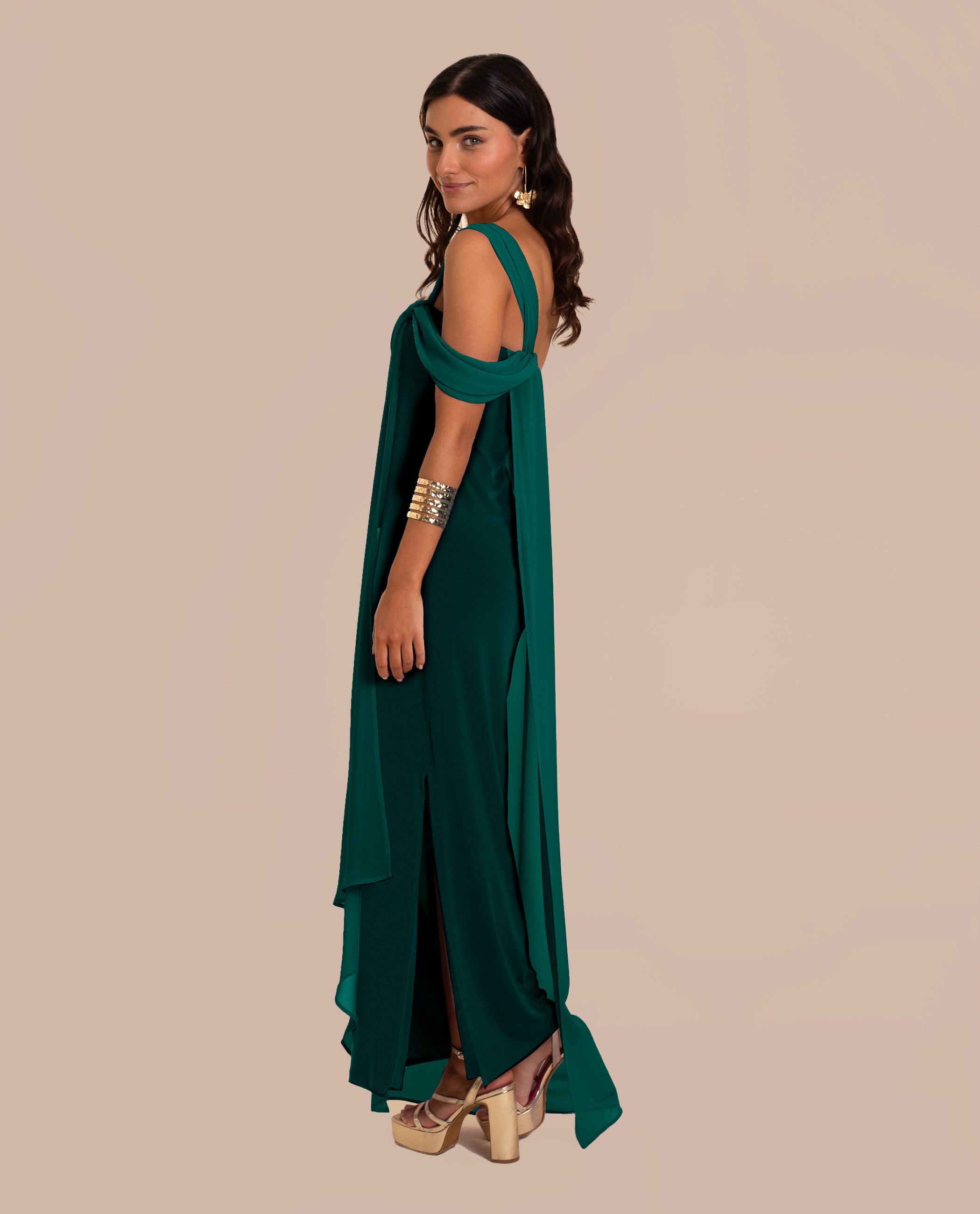 Vestido Midi de Decote Bardot com Capa Verde-3