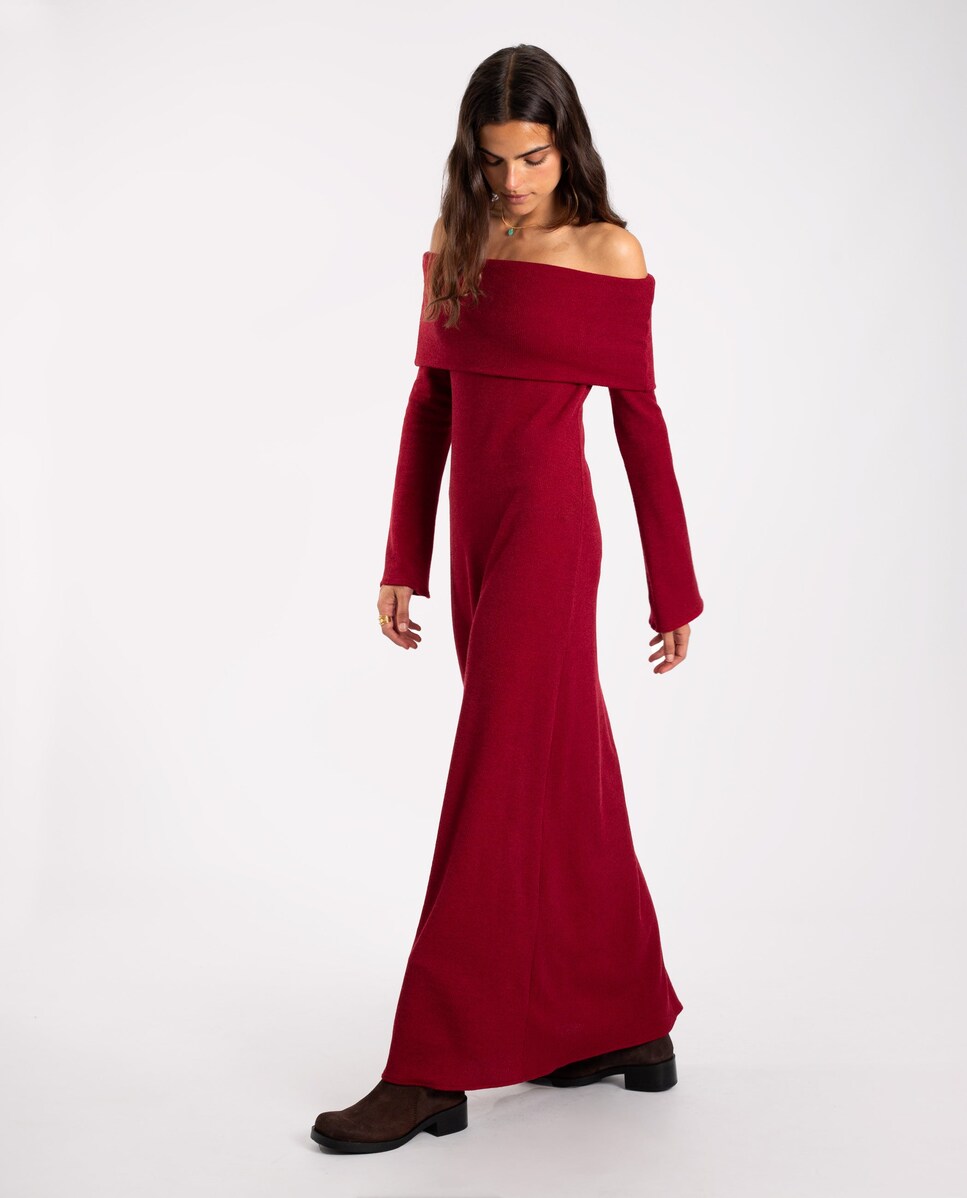 Vestido Comprido de Malha com Manga Comprida Bordeaux-1