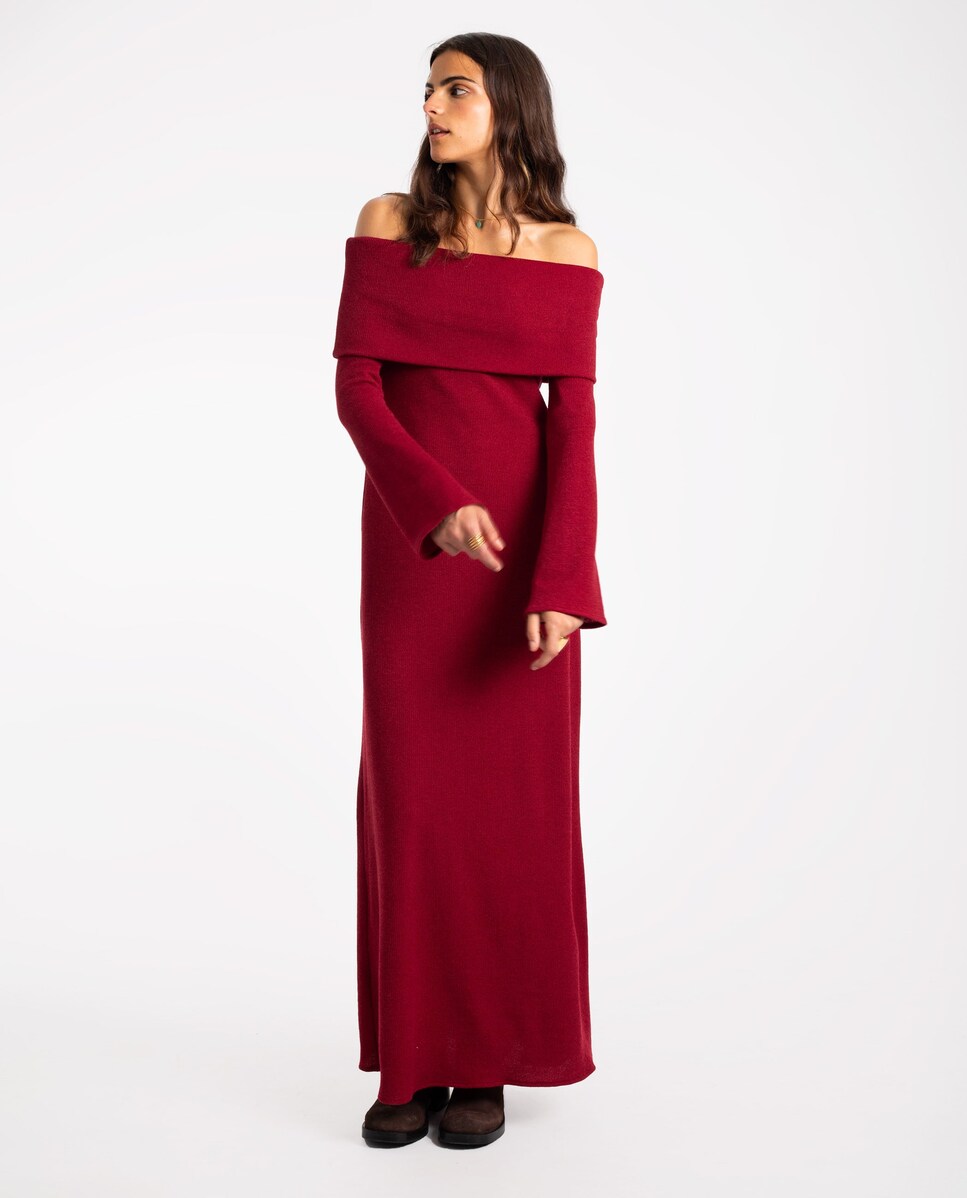Vestido Comprido de Malha com Manga Comprida Bordeaux-2