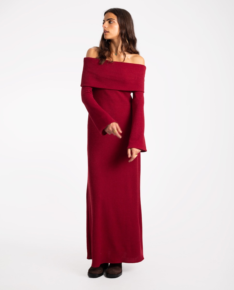 Vestido Comprido de Malha com Manga Comprida Bordeaux-2