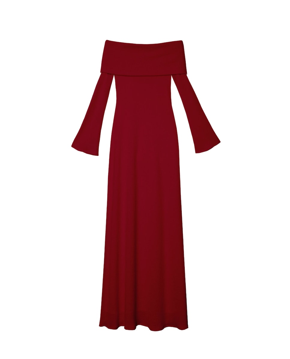 Vestido Comprido de Malha com Manga Comprida Bordeaux-5
