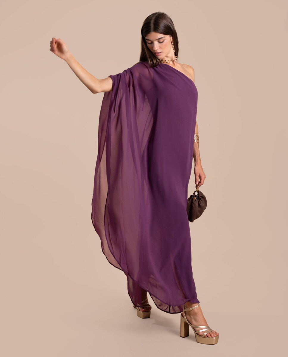 Vestido Comprido com Capa Assimétrico Roxo-1