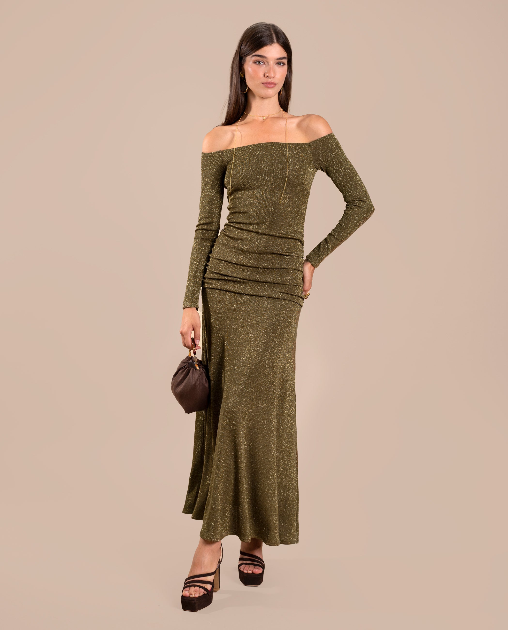 Vestido Midi de Malha com Decote Bardot Ouro-1