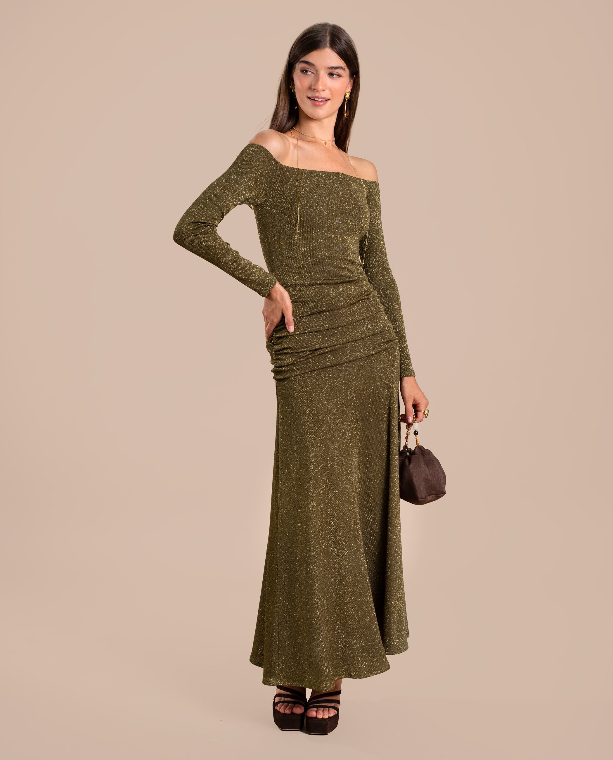 Vestido Midi de Malha com Decote Bardot Ouro-3