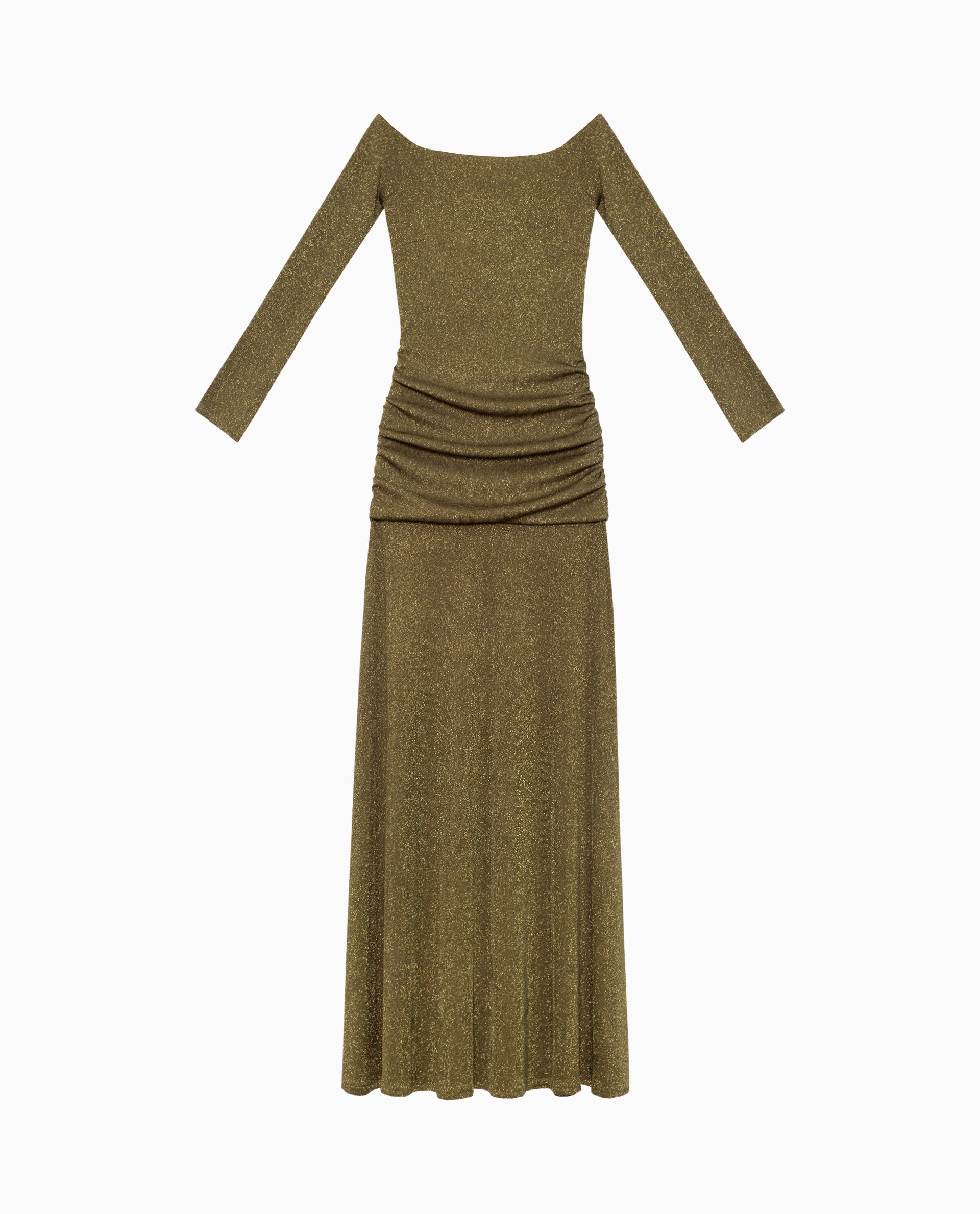 Vestido Midi de Malha com Decote Bardot Ouro-6