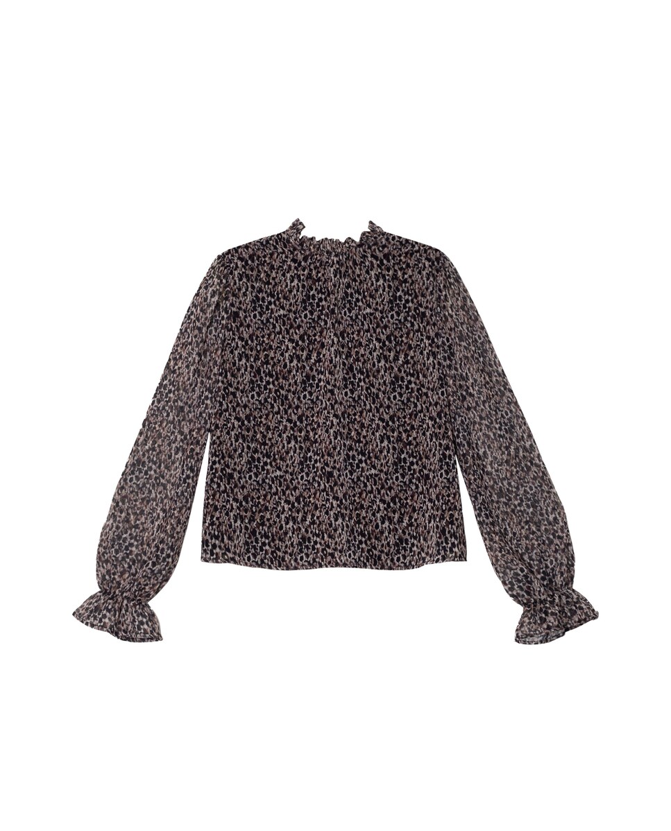 Blusa com Gola Alta e Detalhe de Folhos Bege-6