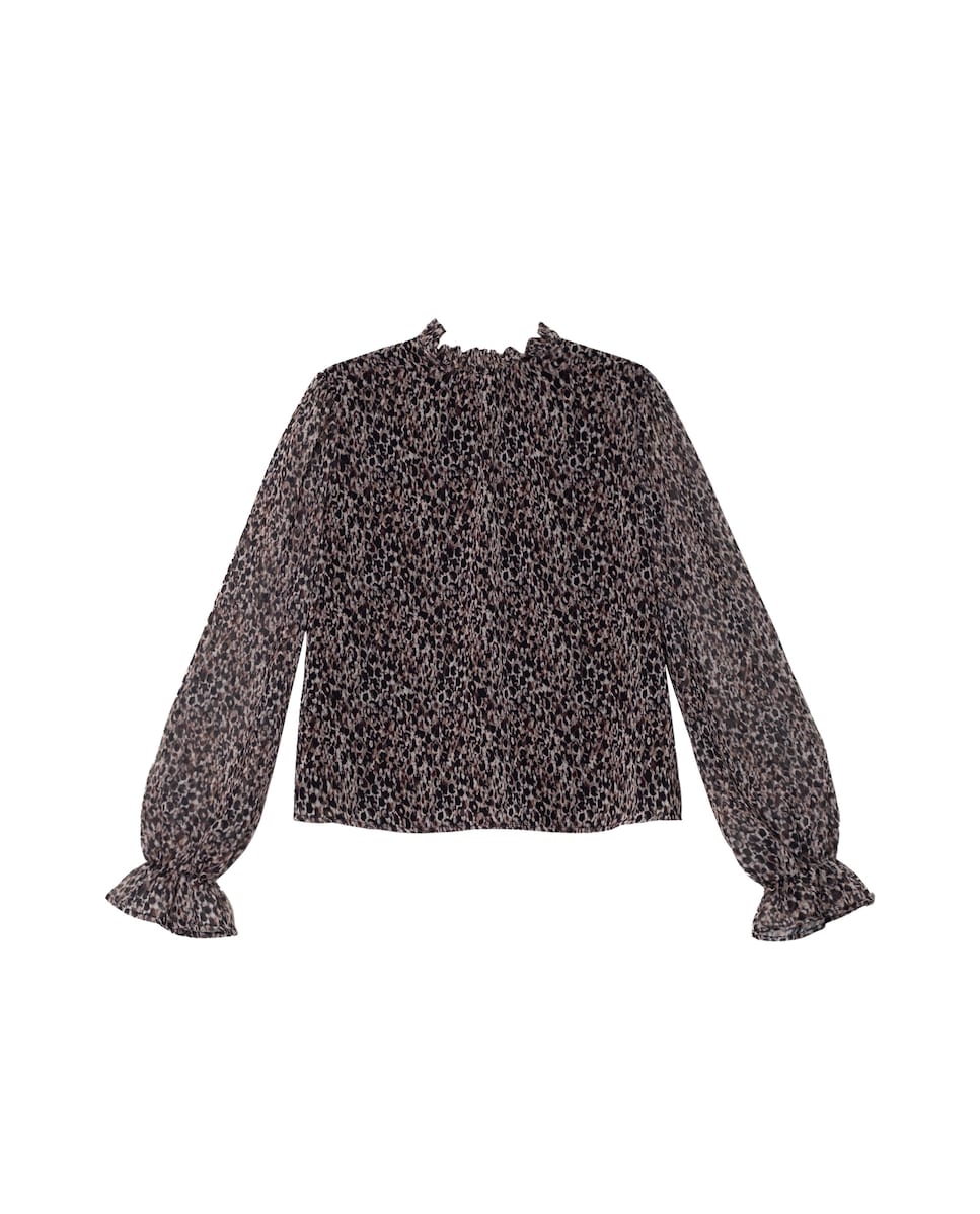 Blusa com Gola Alta e Detalhe de Folhos Bege-6