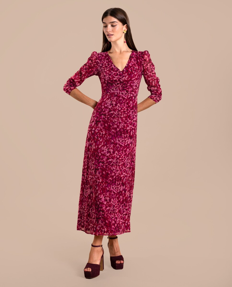 Vestido Midi com Manga e Decote em V Multicolor-1