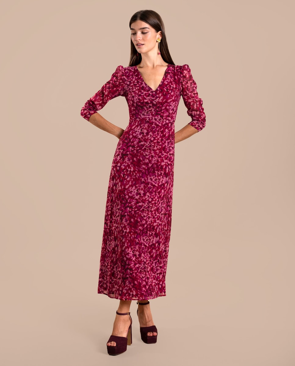 Vestido Midi com Manga e Decote em V Multicolor-1