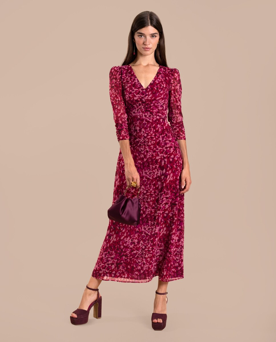 Vestido Midi com Manga e Decote em V Multicolor-3