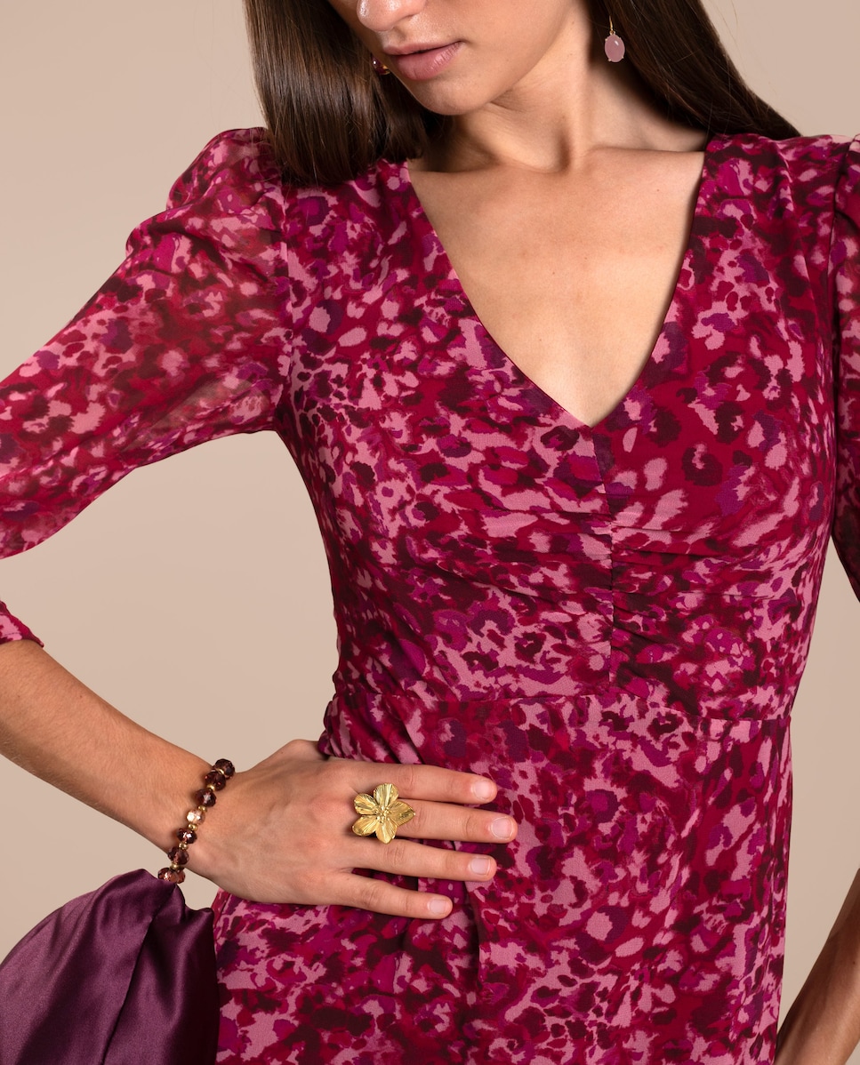 Vestido Midi com Manga e Decote em V Multicolor-5