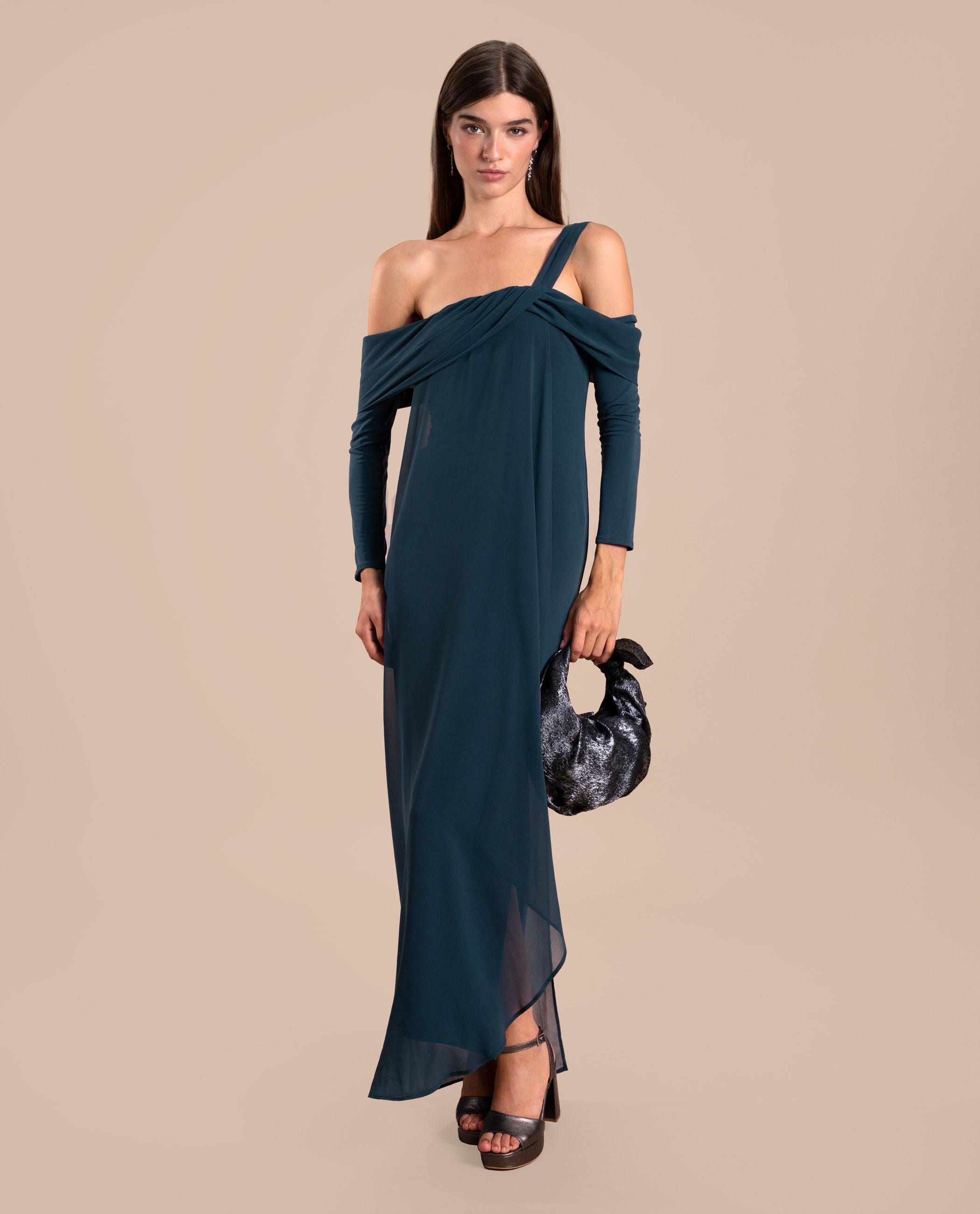 Vestido Midi Caicai com Mangas Azul-marinho-1