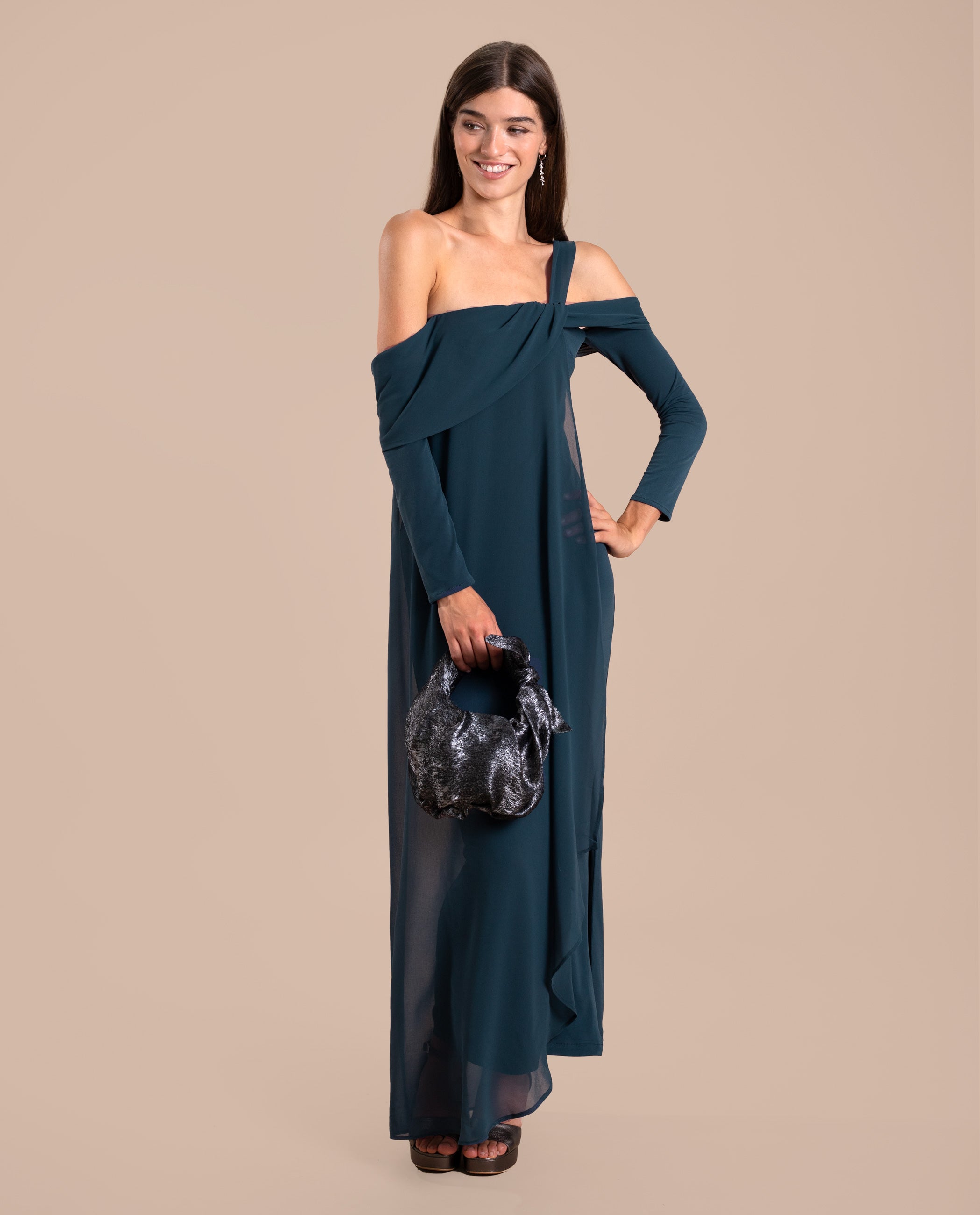 Vestido Midi Caicai com Mangas Azul-marinho-3