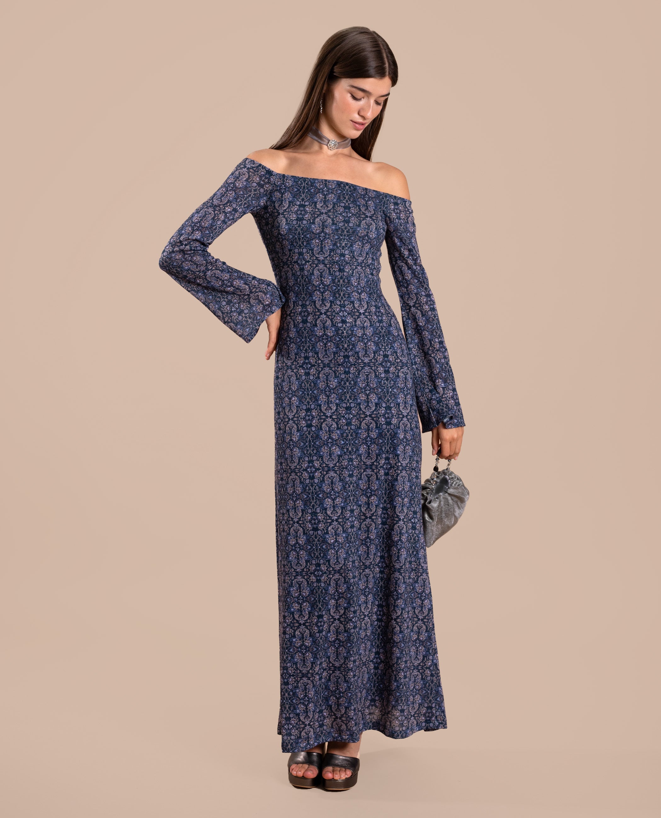 Vestido Midi de Manga Comprida com Decote Palavra de Honra Prata-1