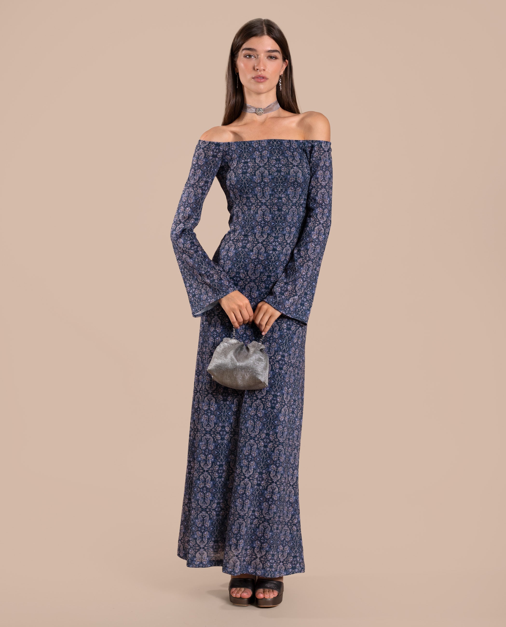 Vestido Midi de Manga Comprida com Decote Palavra de Honra Prata-3