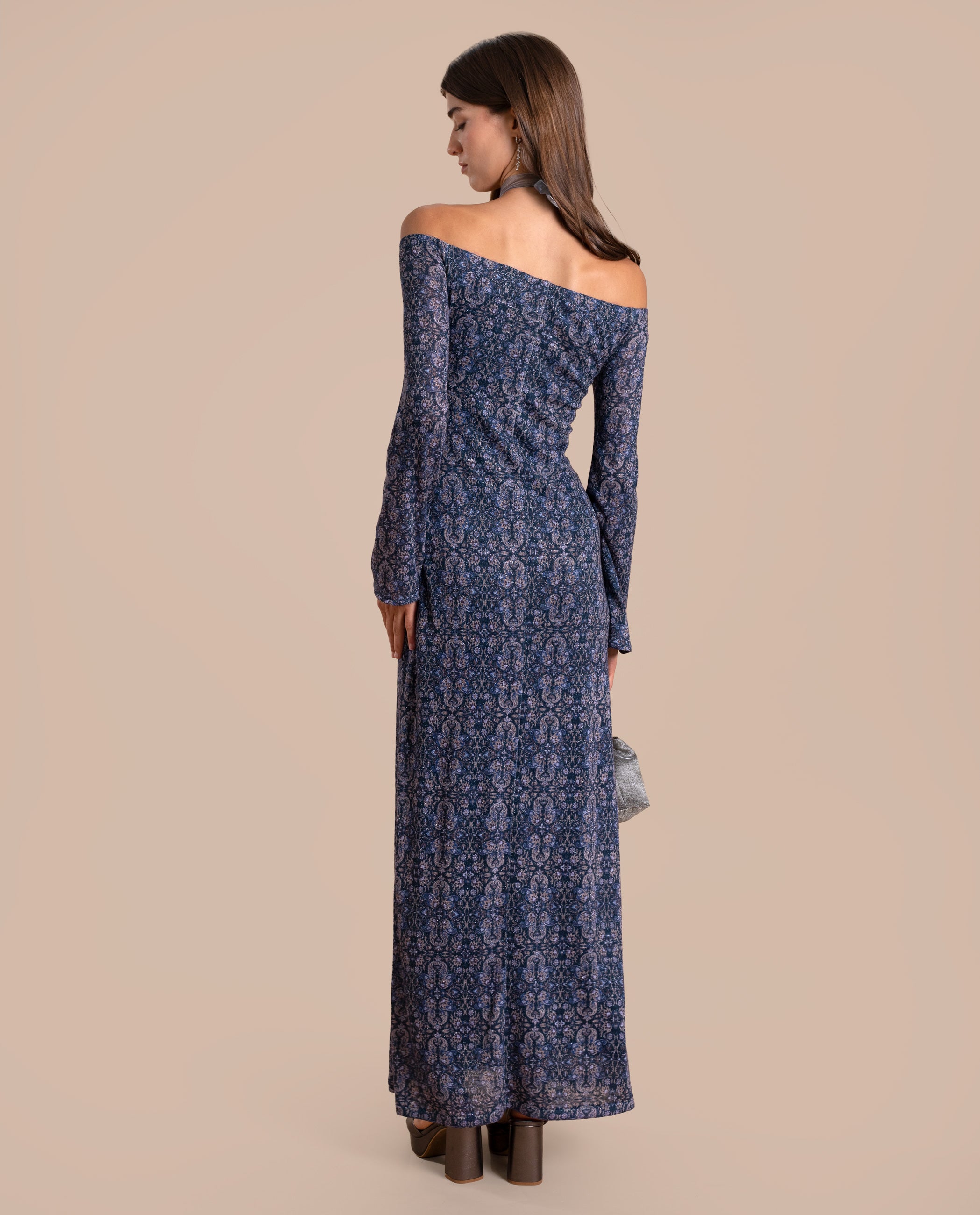 Vestido Midi de Manga Comprida com Decote Palavra de Honra Prata-4
