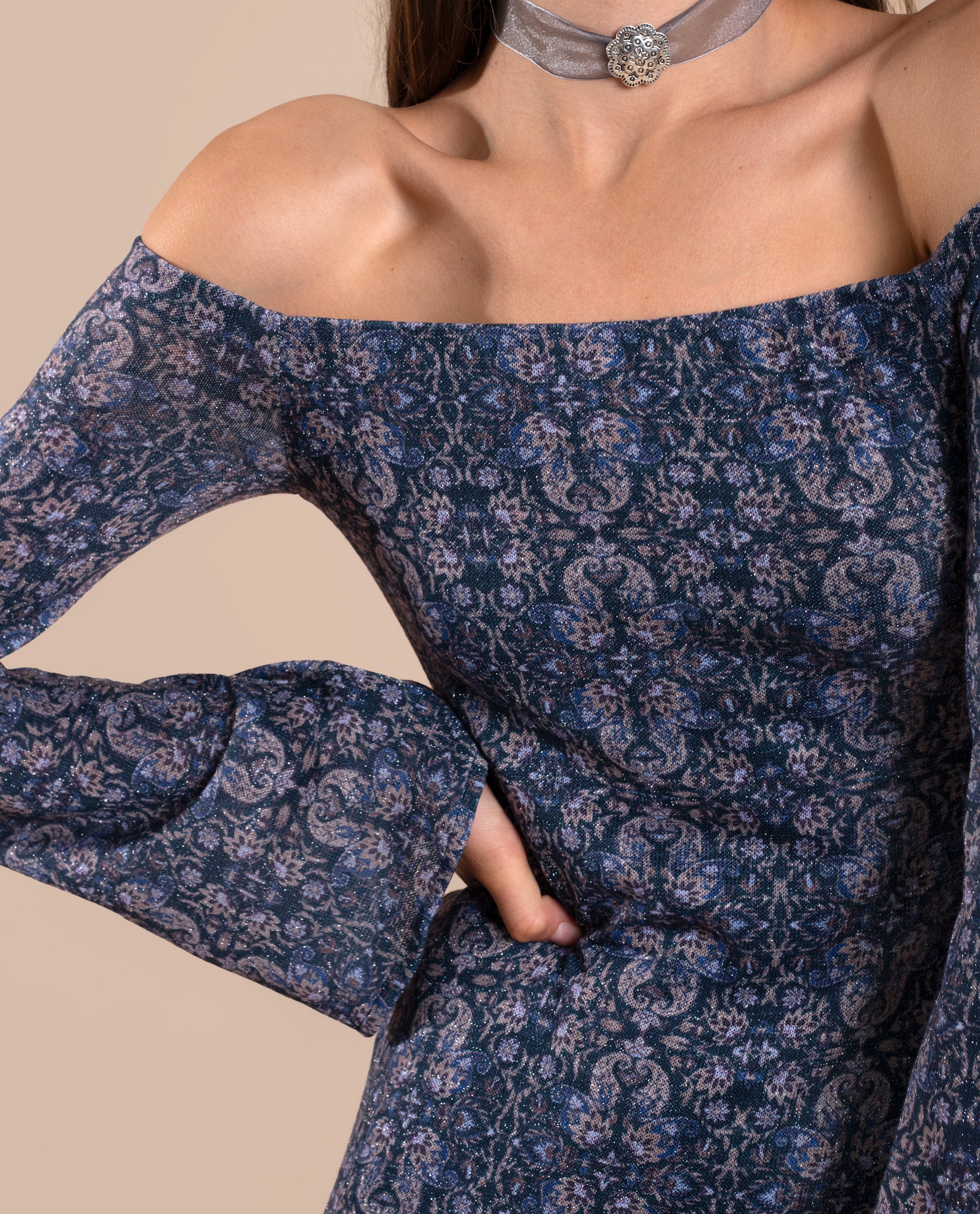 Vestido Midi de Manga Comprida com Decote Palavra de Honra Prata-5