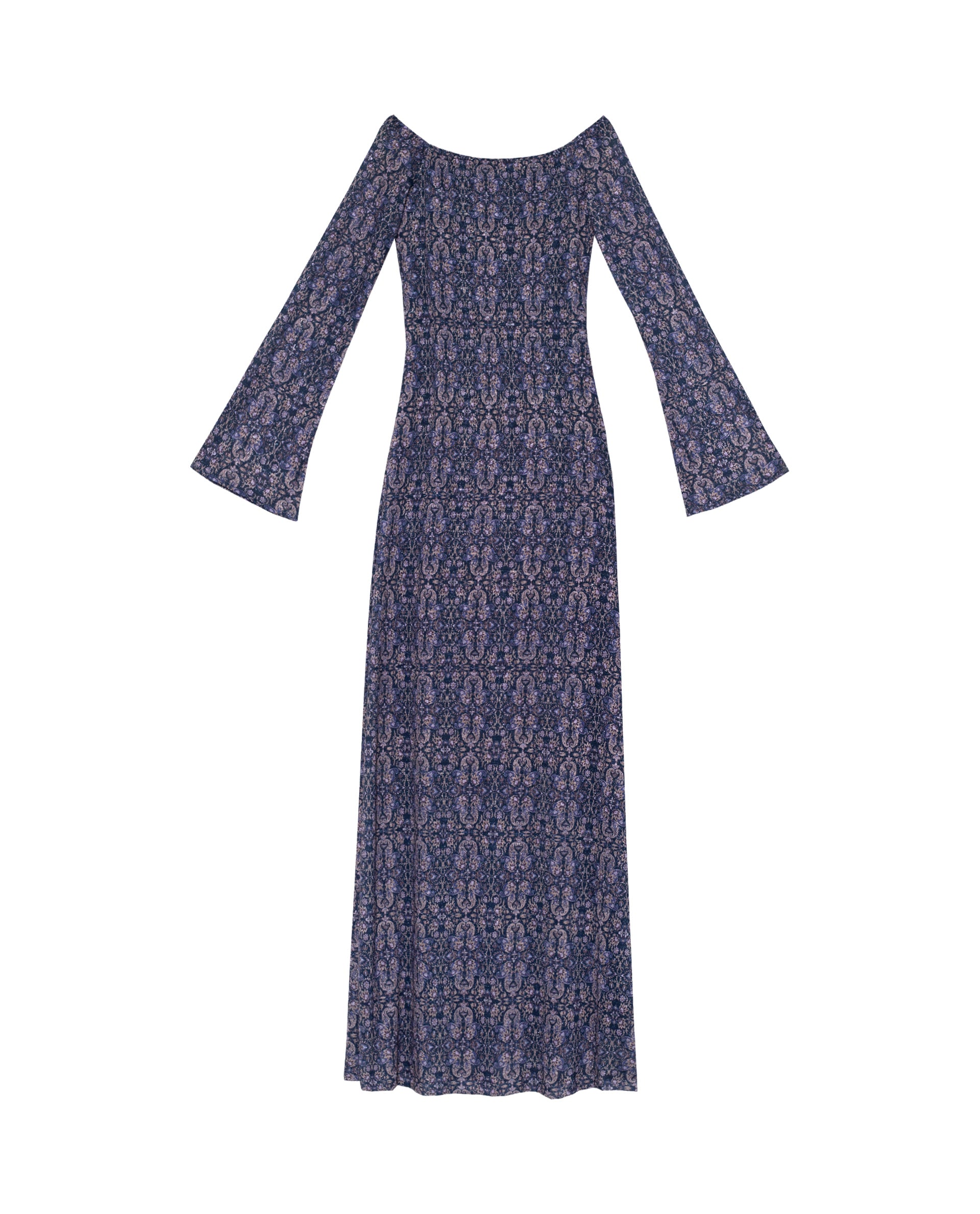 Vestido Midi de Manga Comprida com Decote Palavra de Honra Prata-6