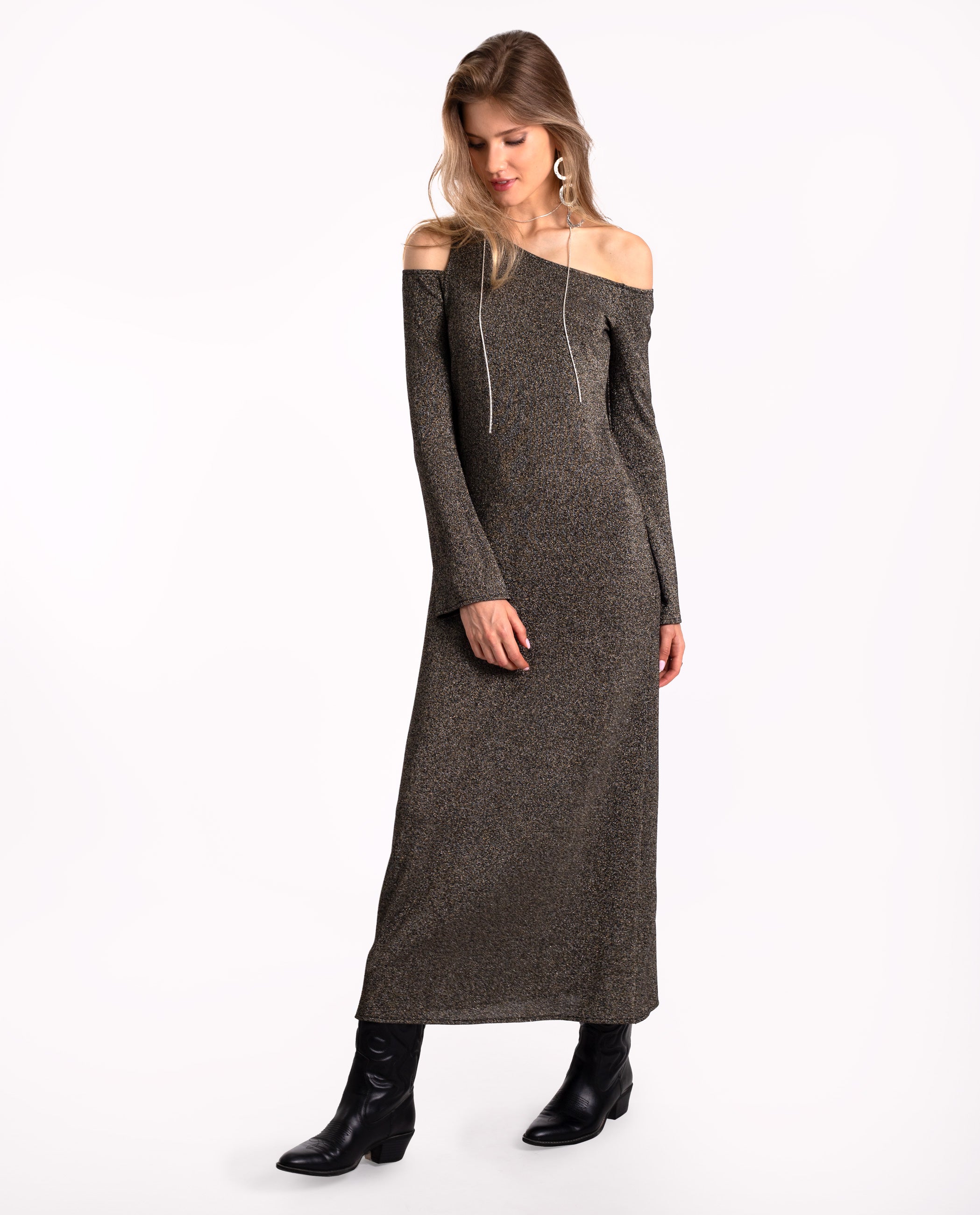 Vestido Comprido de Malha Brilhante Prata-1