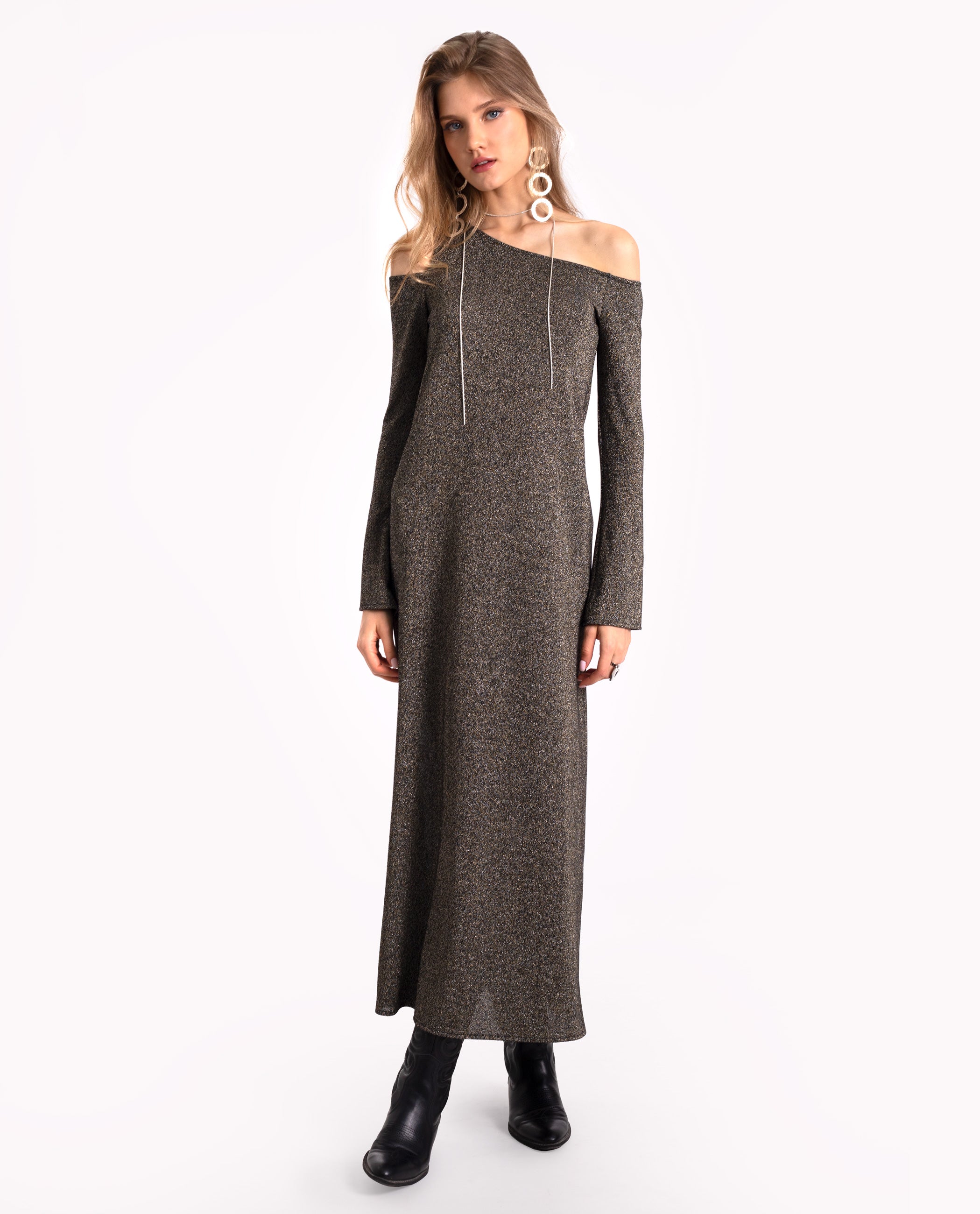 Vestido Comprido de Malha Brilhante Prata-3