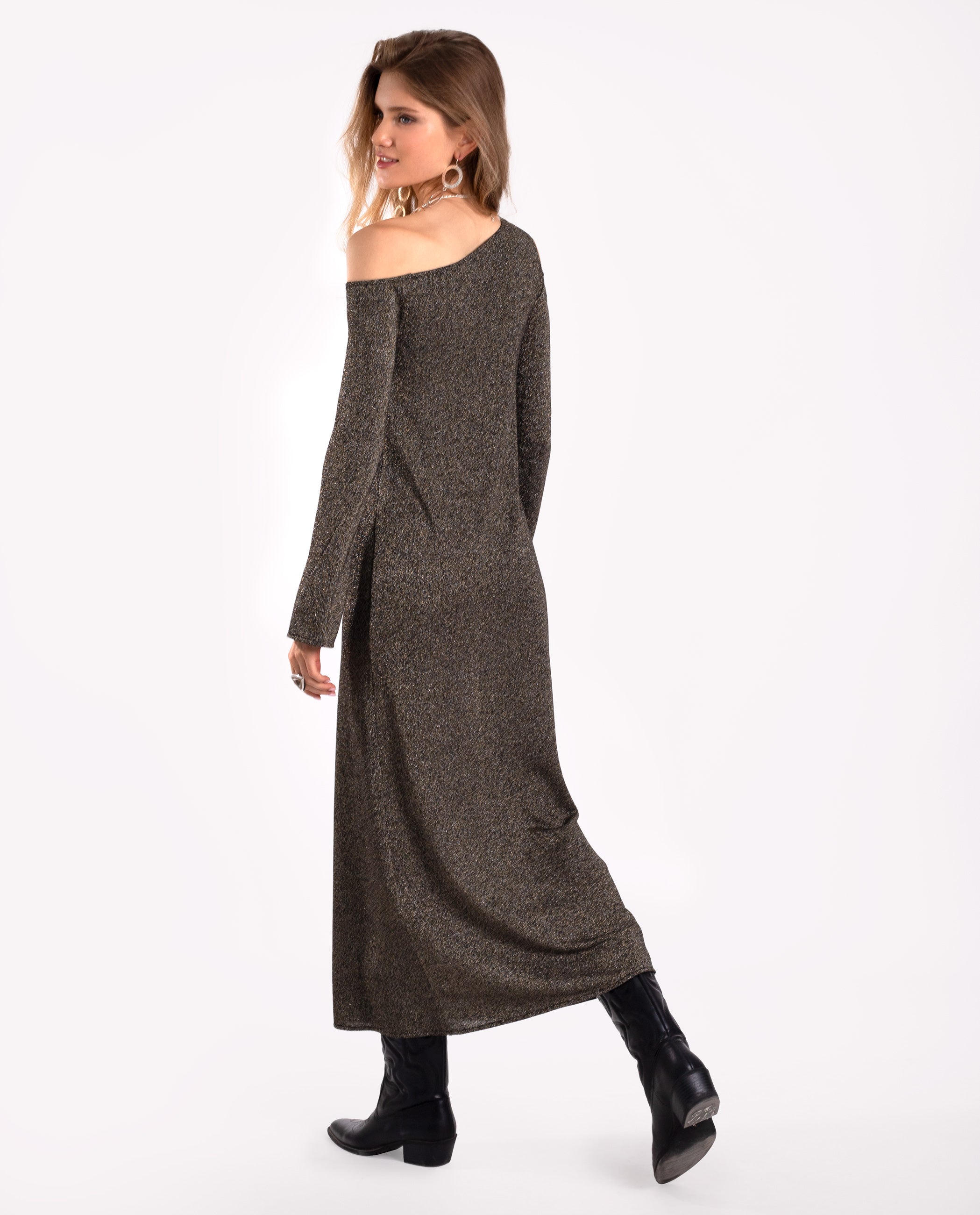 Vestido Comprido de Malha Brilhante Prata-4