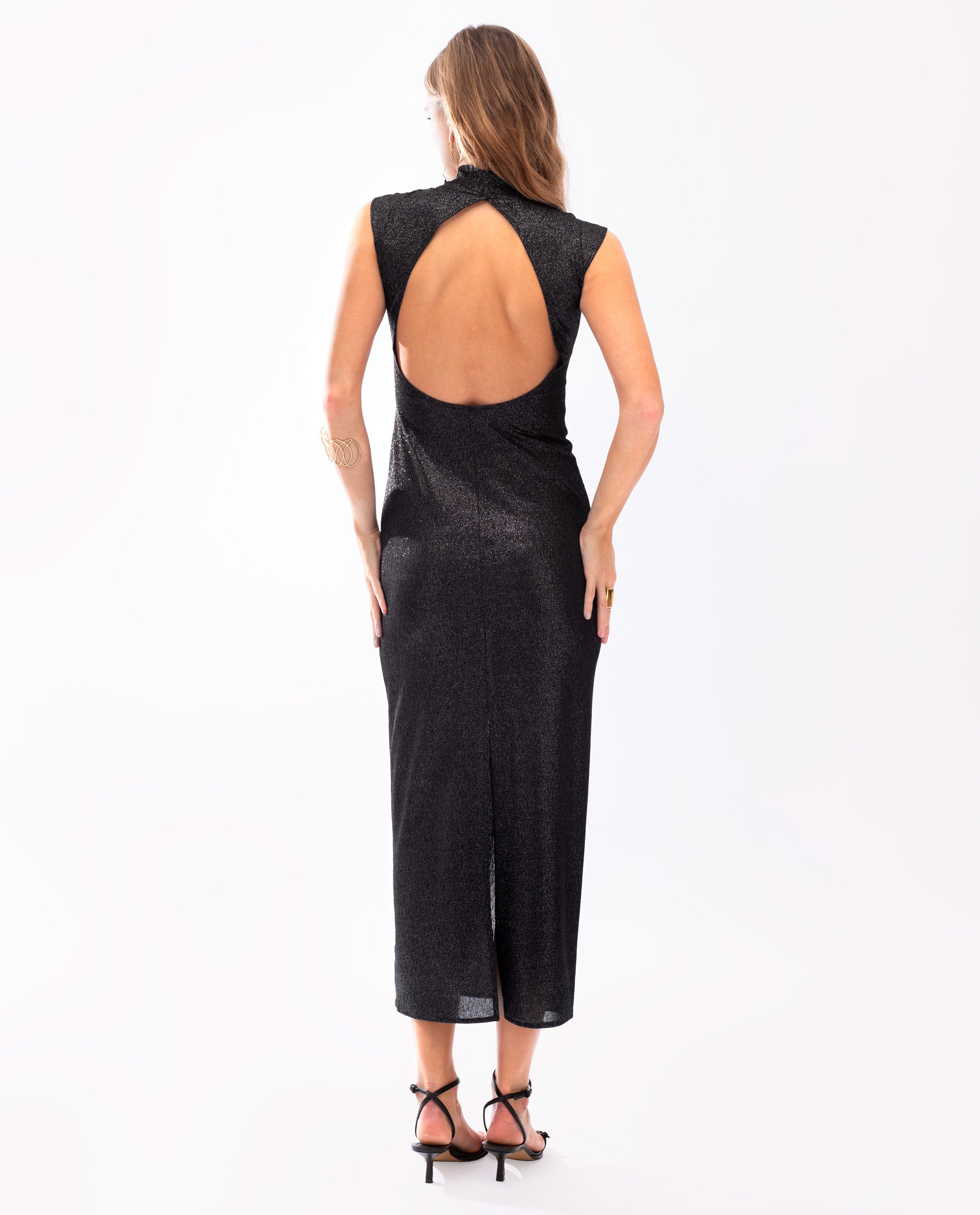 Vestido Midi Brilhante e Costas Descobertas Preto-4
