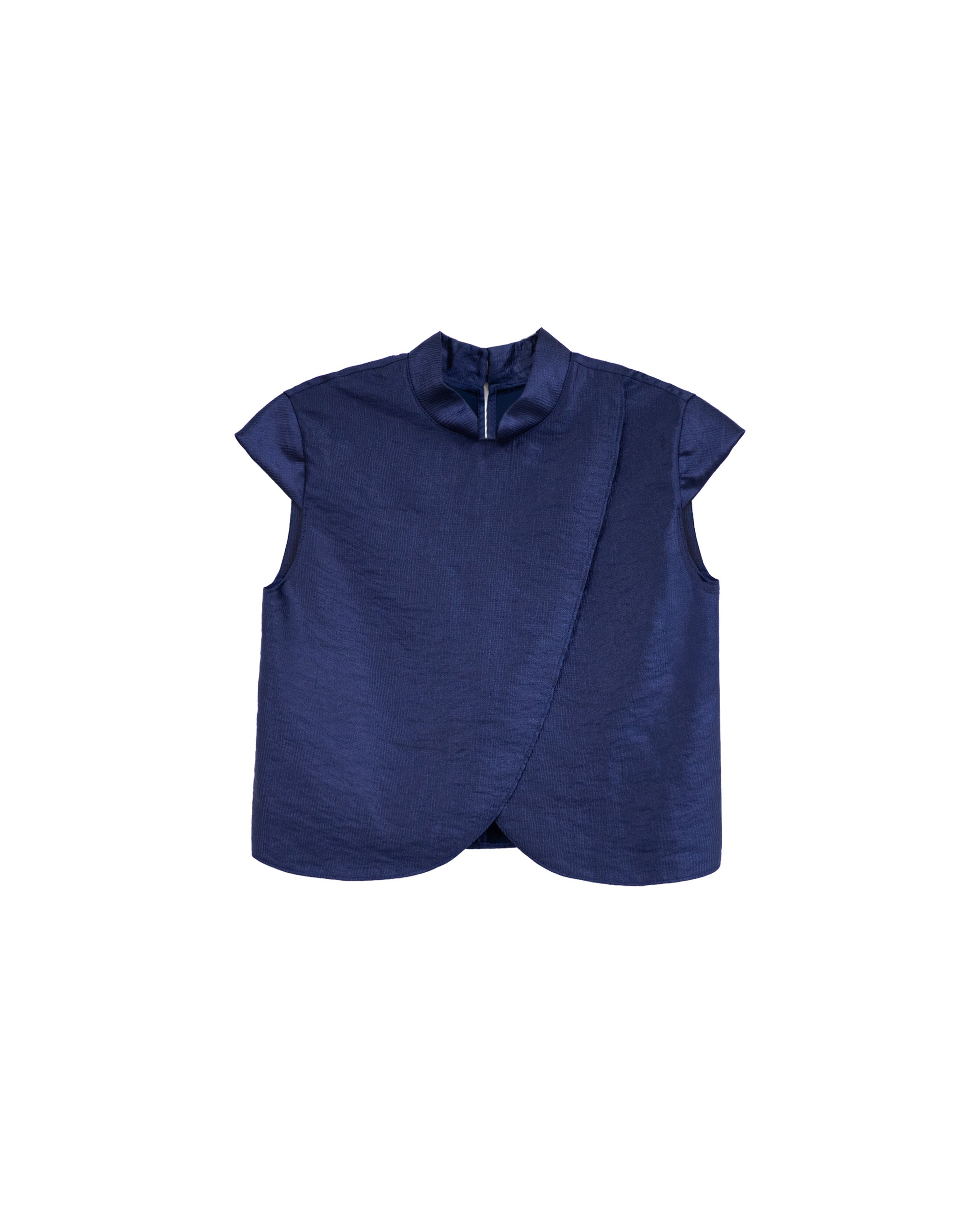 Blusa Cruzada Acetinada com Gola À Padre Azul-marinho-6