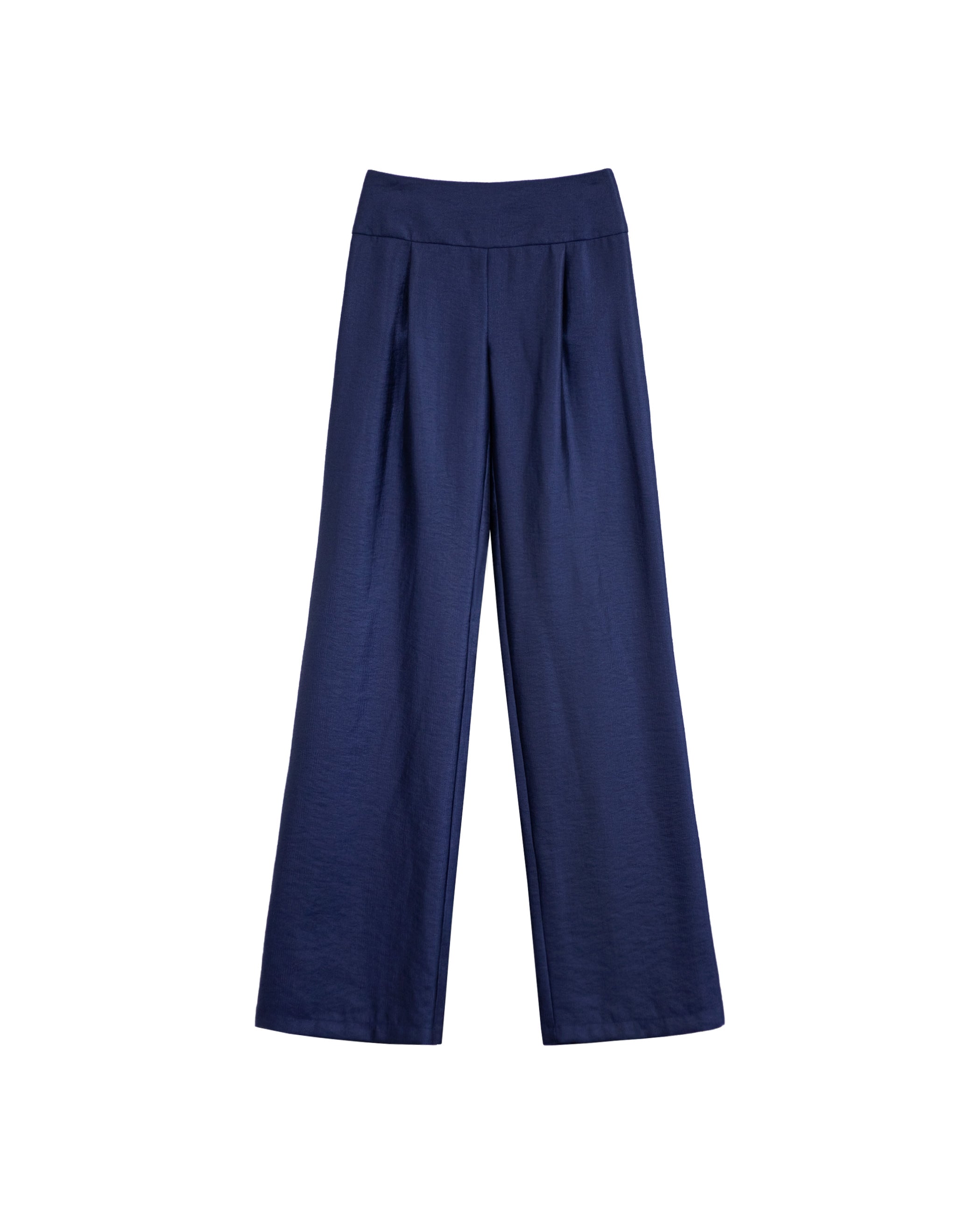 Calças com Corte a Direito Acetinadas com Detalhe de Cintura Larga Azul-marinho-6