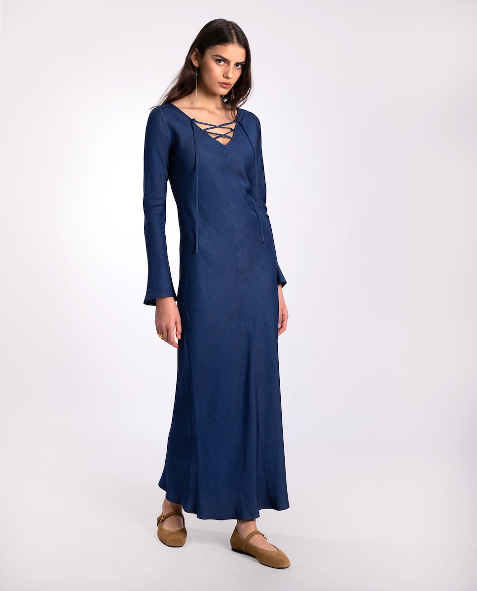 Vestido Midi com Decote em V e Cordões Azul-índigo-1