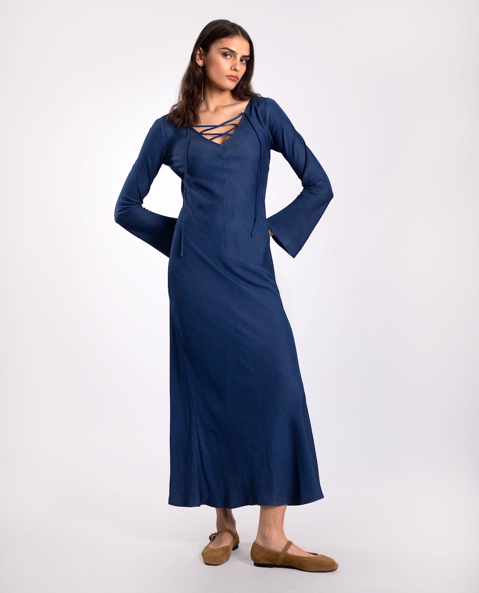 Vestido Midi com Decote em V e Cordões Azul-índigo-4
