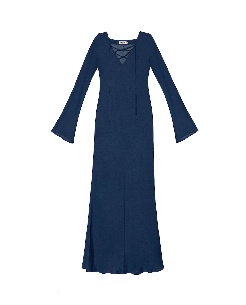 Vestido Midi com Decote em V e Cordões Azul-índigo-6