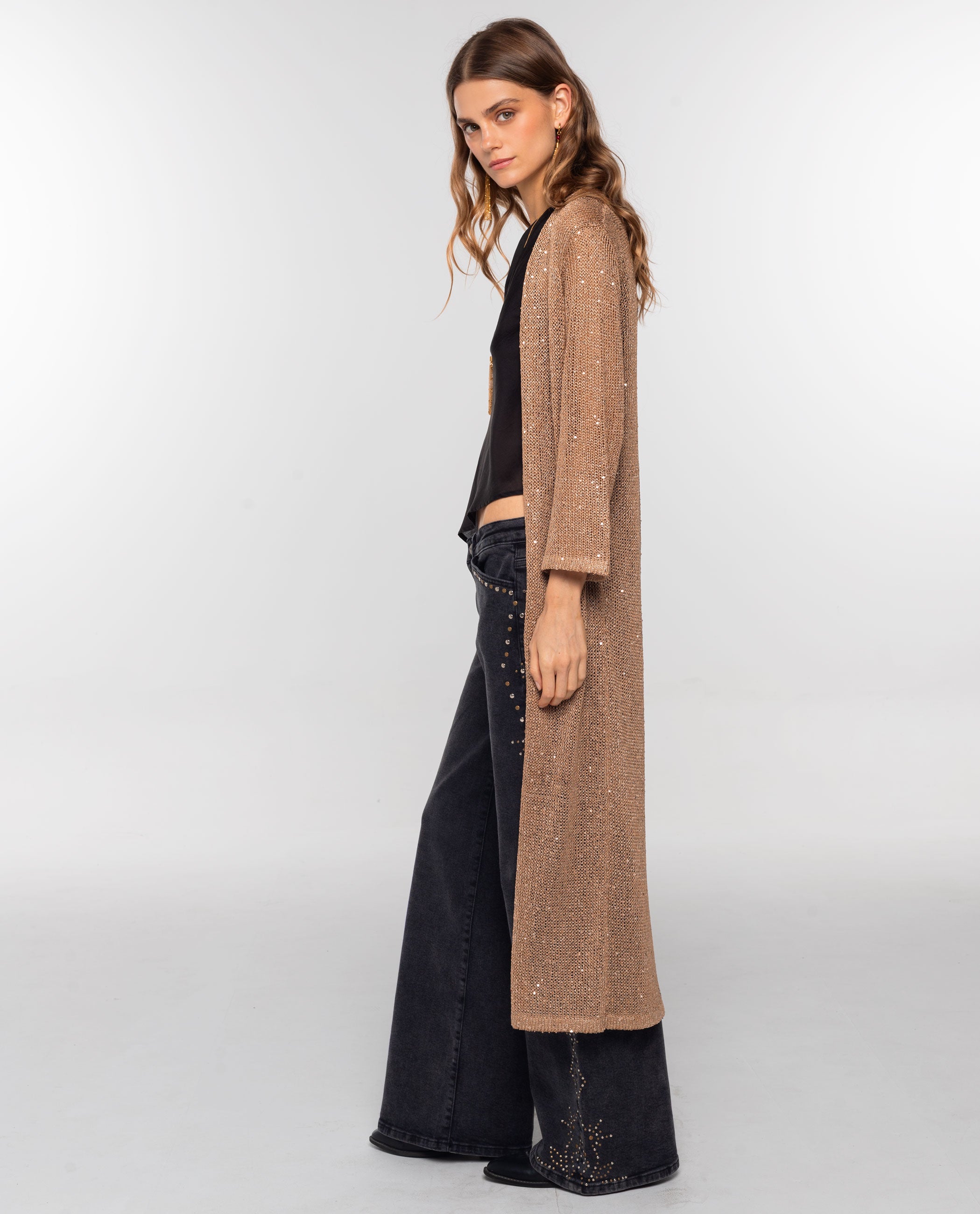 Cardigan Comprido de Malha com Lantejoulas Castanho-2