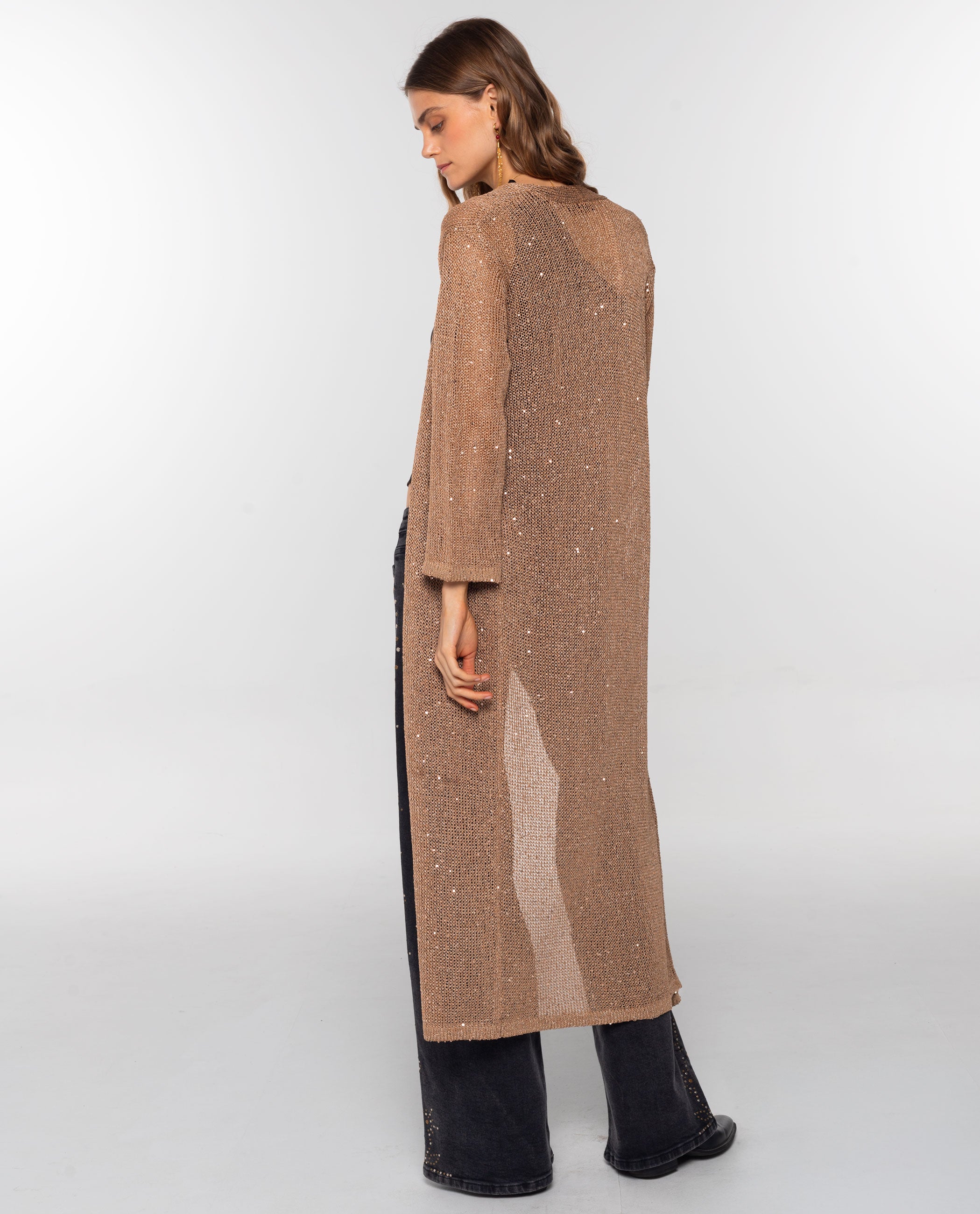 Cardigan Comprido de Malha com Lantejoulas Castanho-3