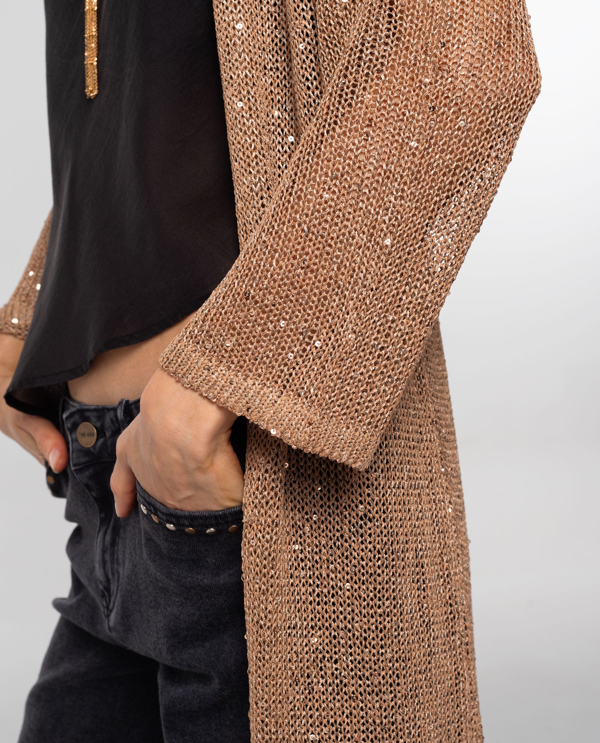 Cardigan Comprido de Malha com Lantejoulas Castanho-4