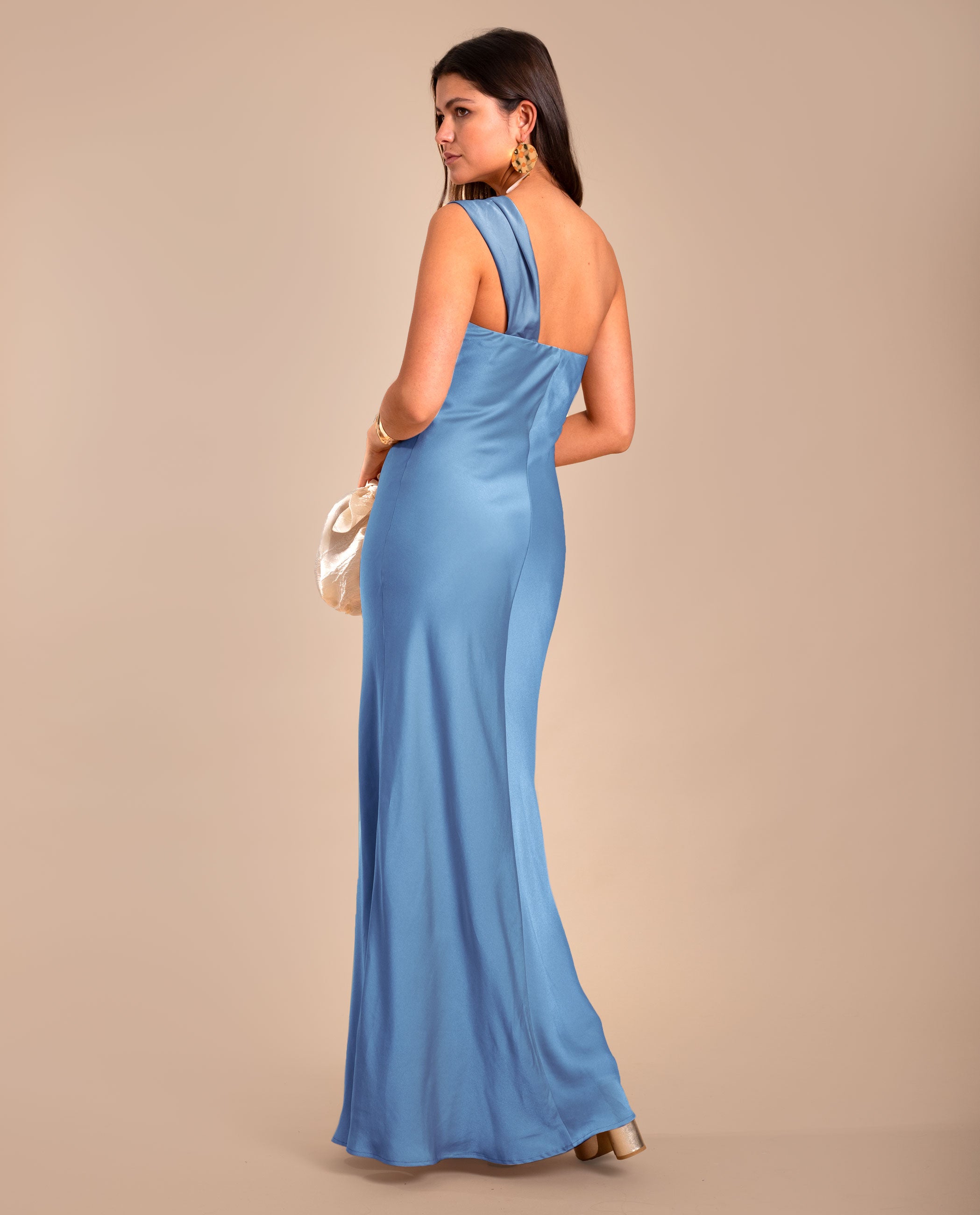 Vestido Comprido com Decote Assimétrico Azul-3