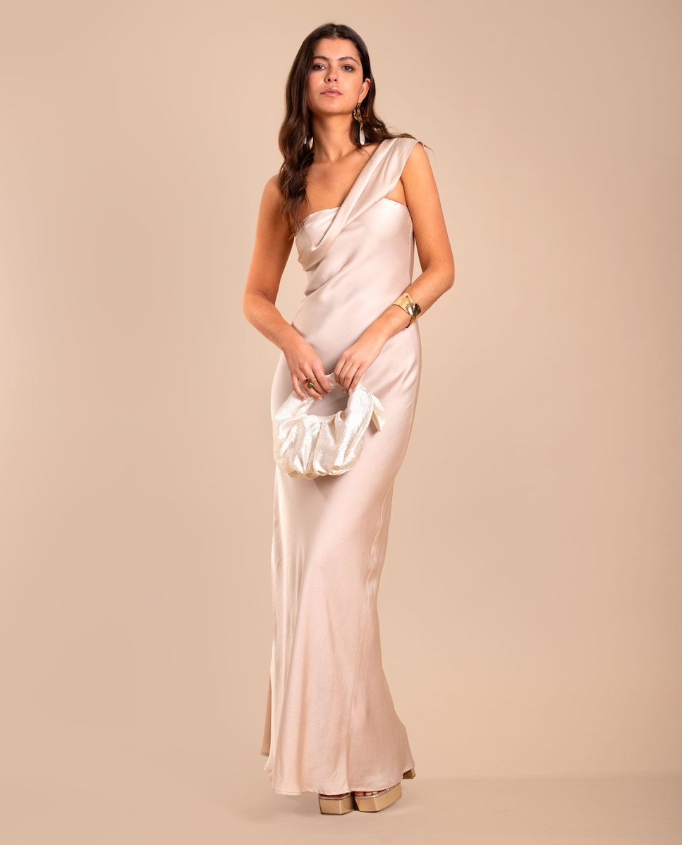 Vestido Comprido com Decote Assimétrico Bege-1