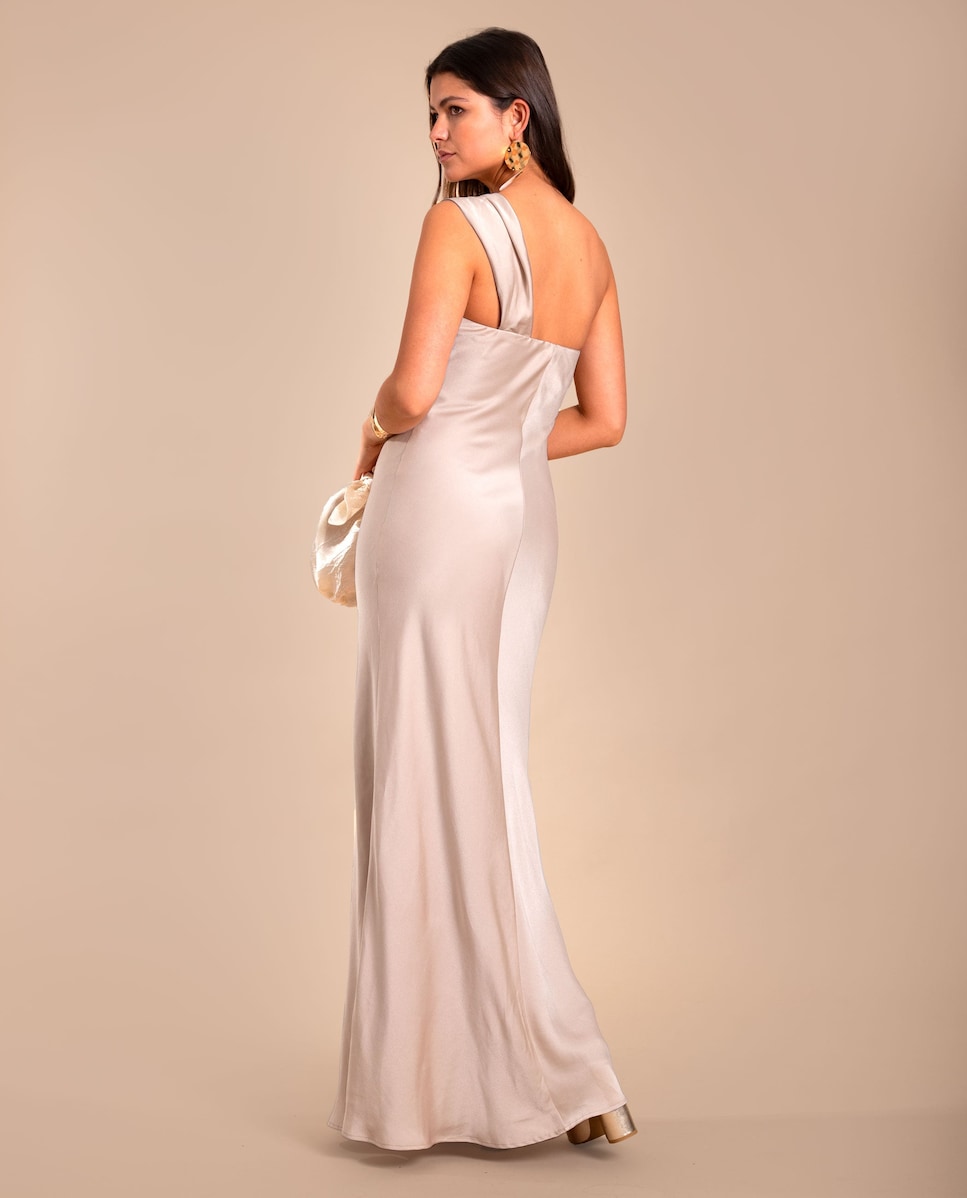 Vestido Comprido com Decote Assimétrico Bege-4