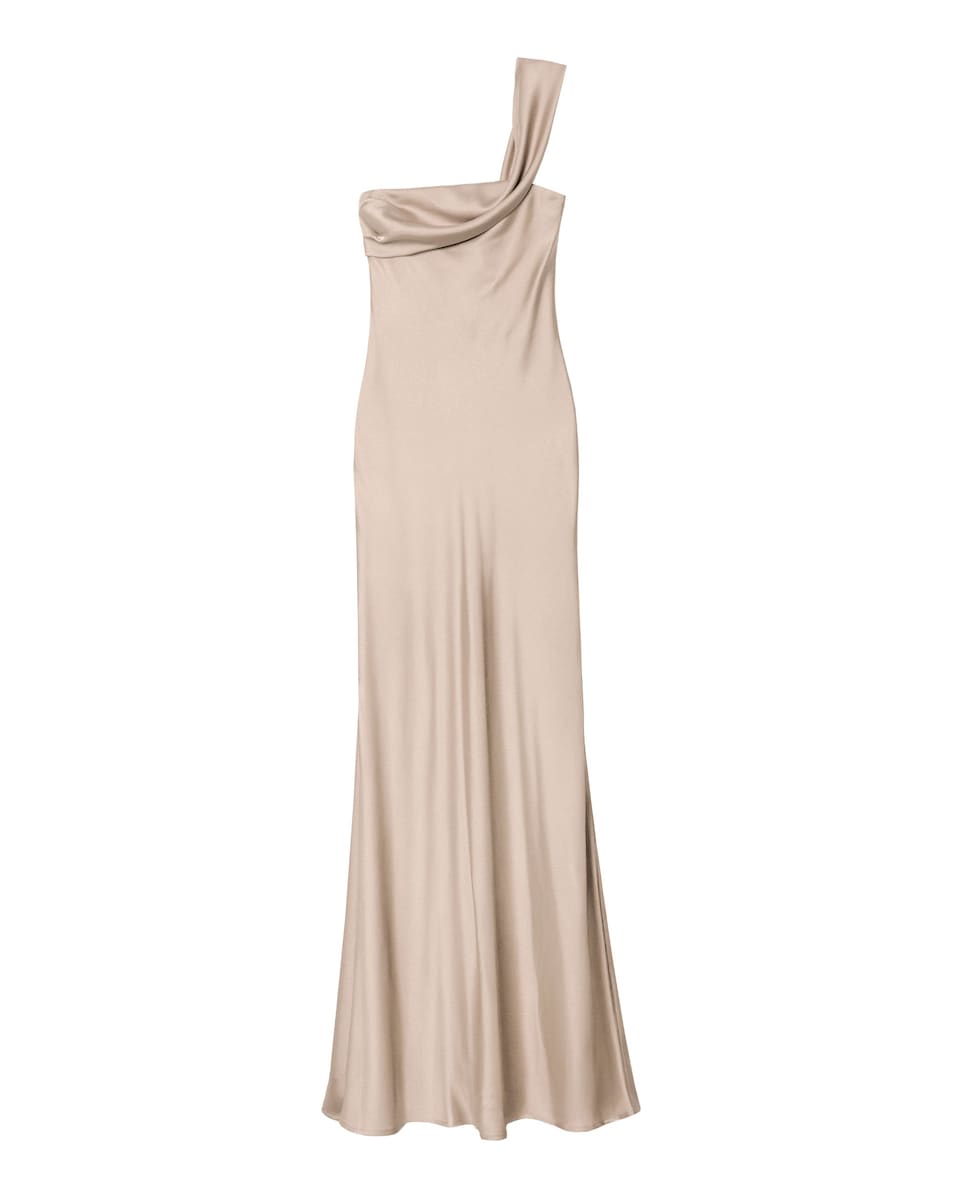 Vestido Comprido com Decote Assimétrico Bege-6