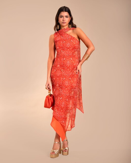 Imagem 0 de Vestido Midi Assimétrico com Écharpe