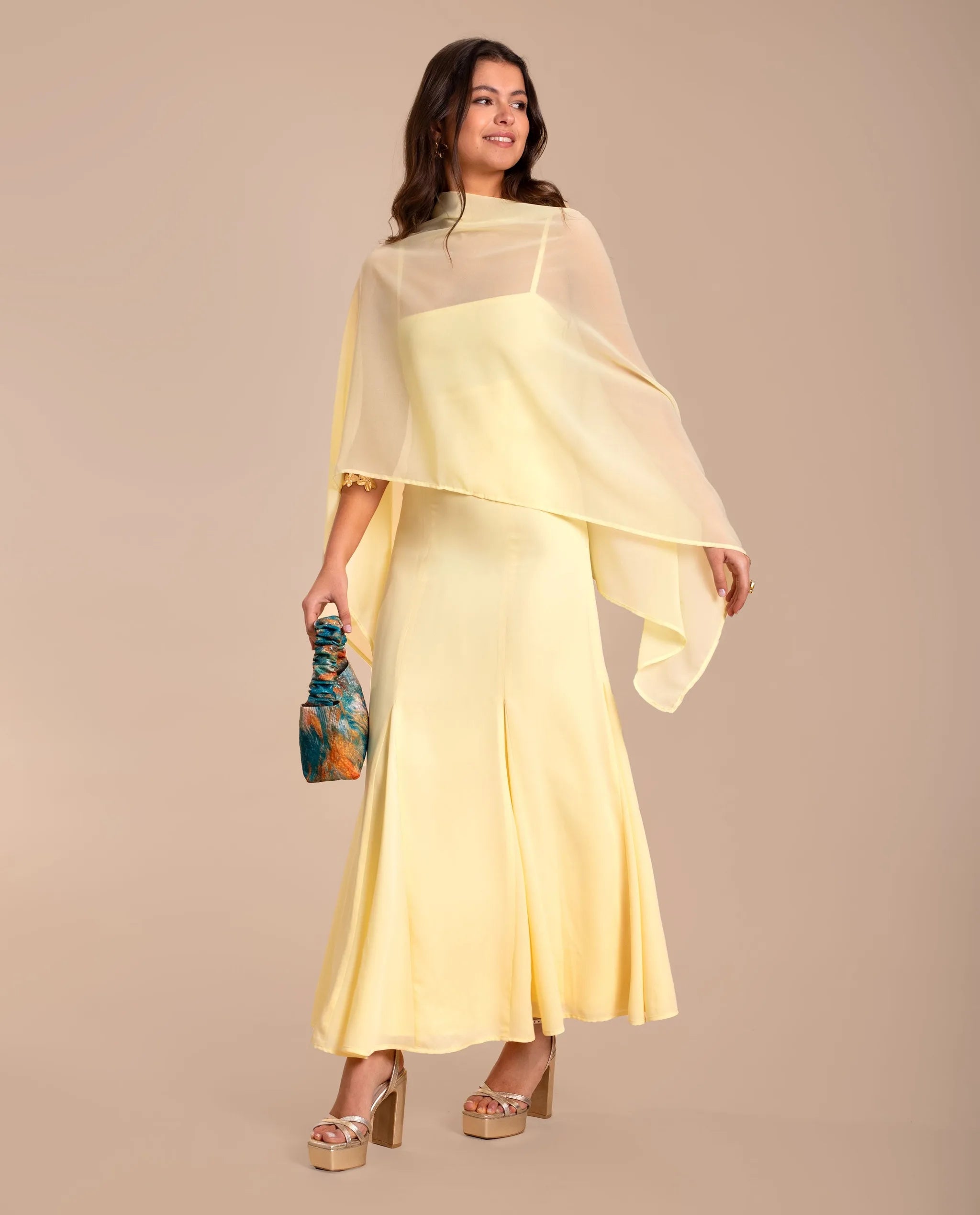 Vestido Midi de Corte Império com Alças Amarelo-3