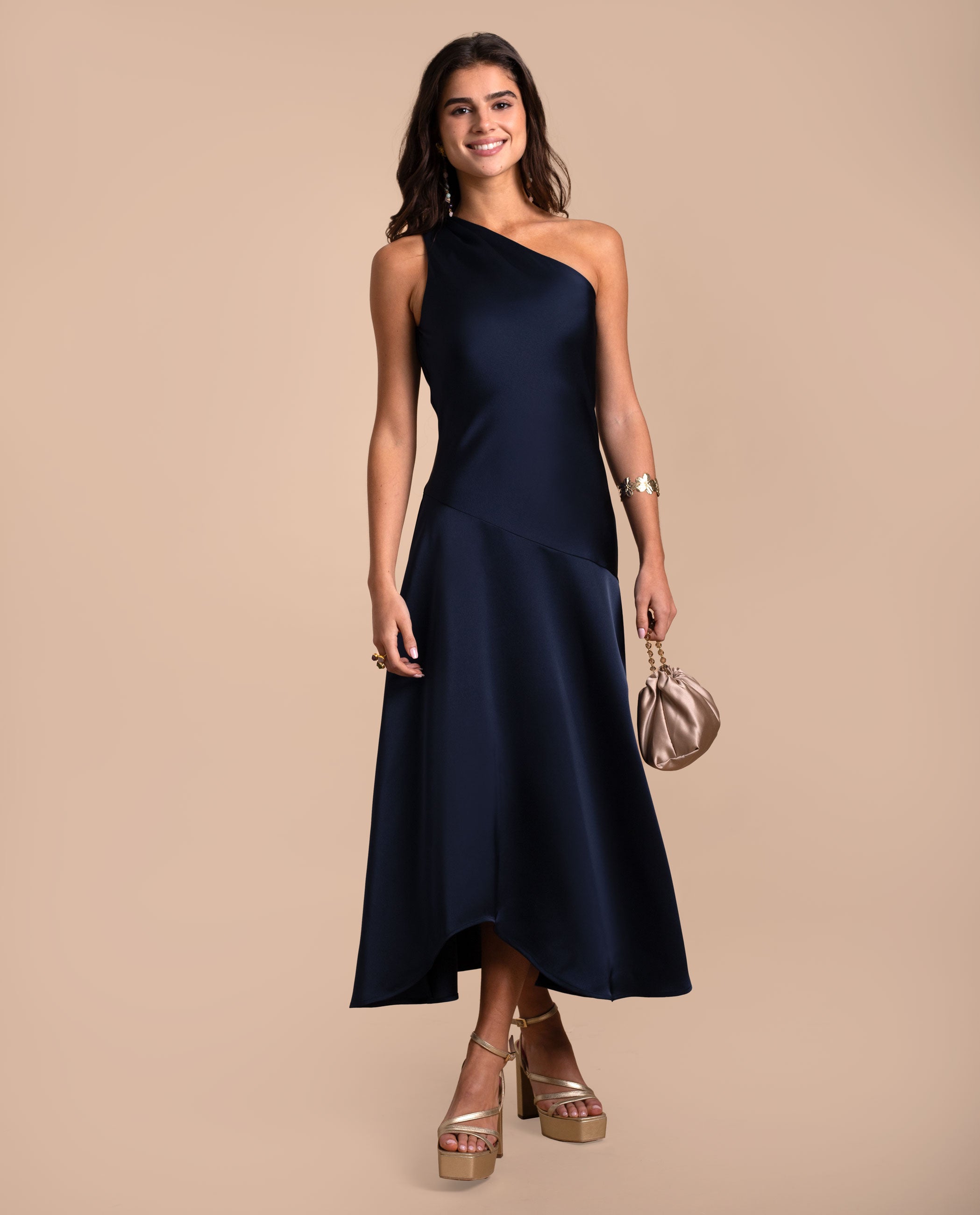 Vestido Midi com Decote Assimétrico em Ameixa Azul-marinho-3