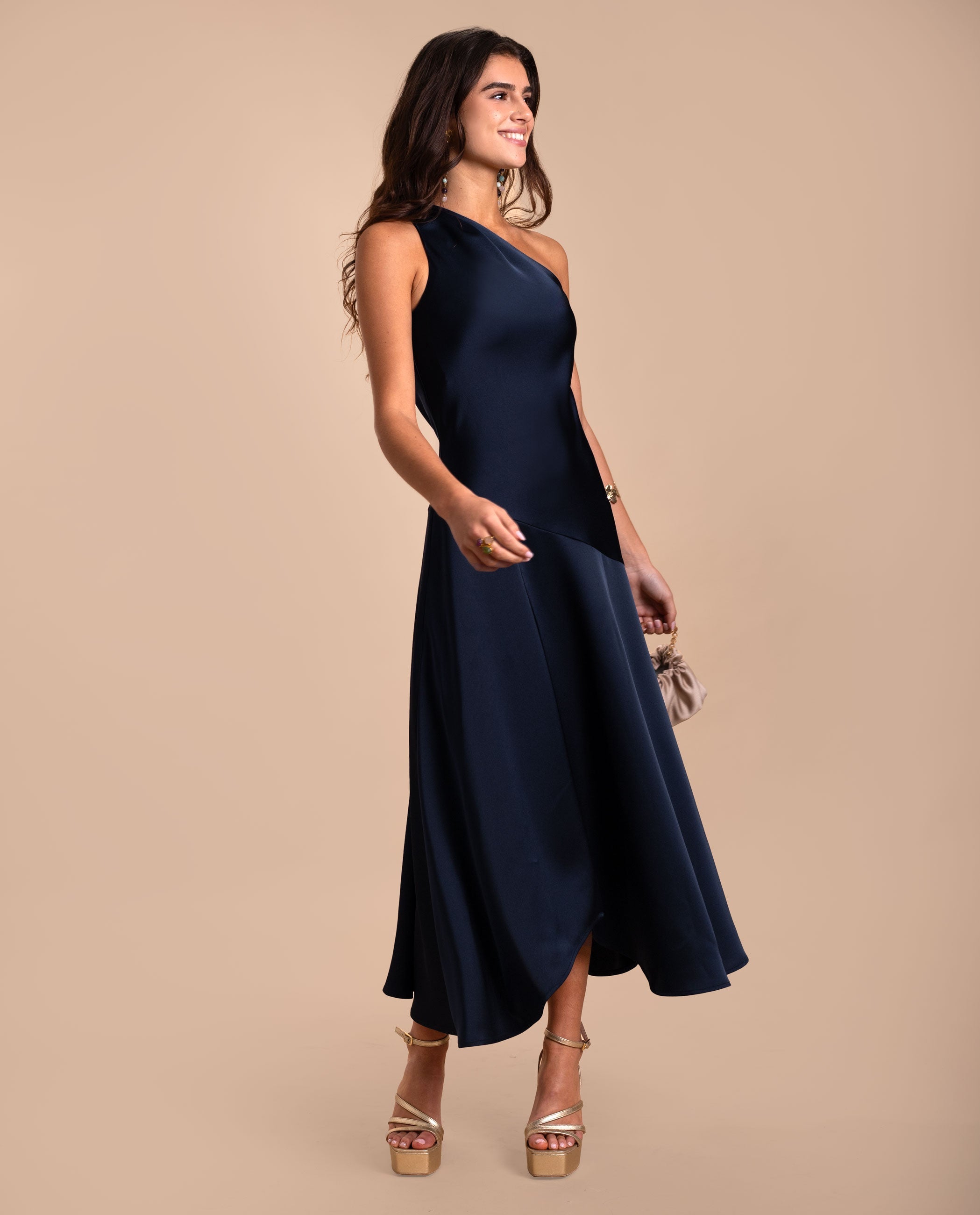 Vestido Midi com Decote Assimétrico em Ameixa Azul-marinho-4