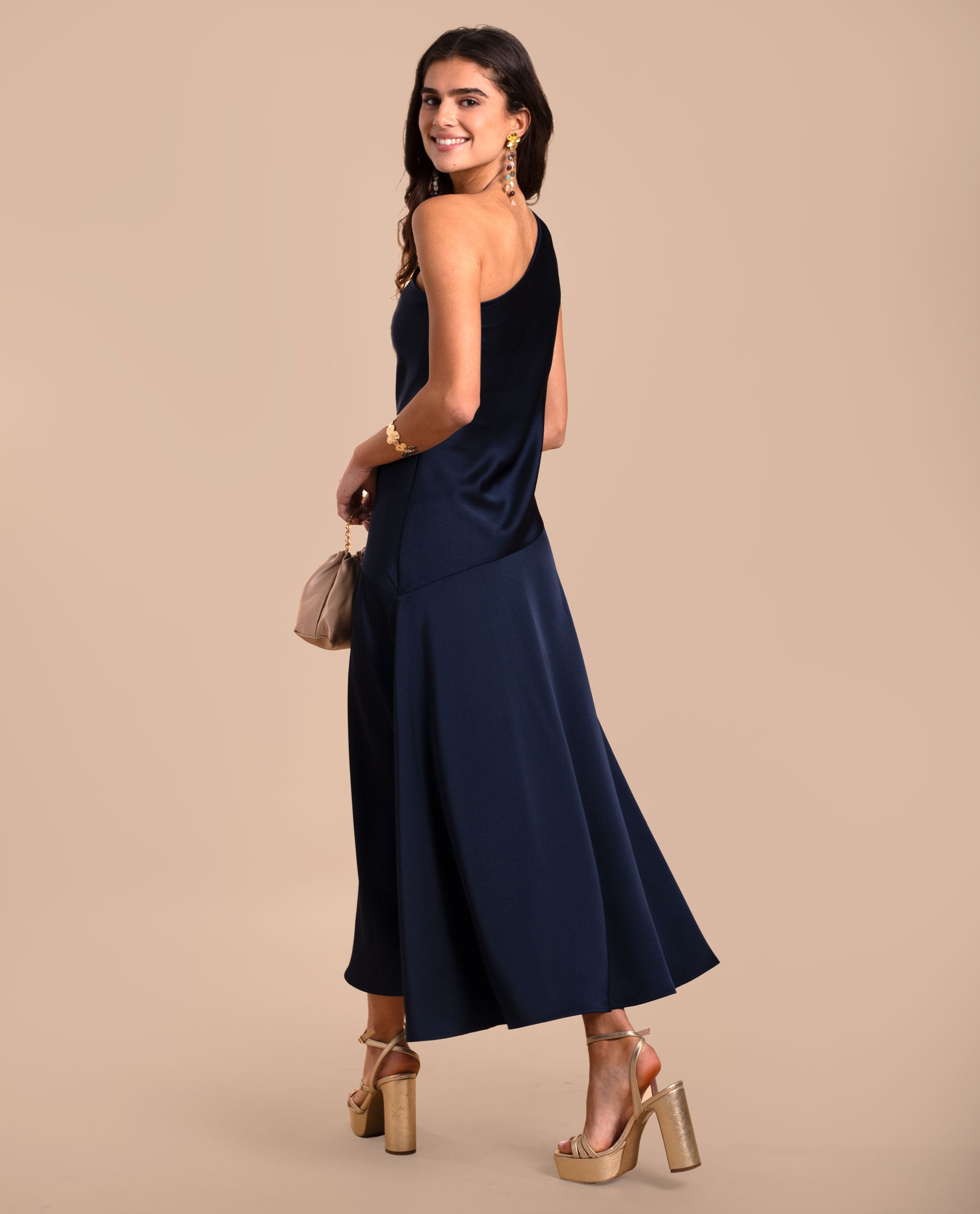 Vestido Midi com Decote Assimétrico em Ameixa Azul-marinho-7