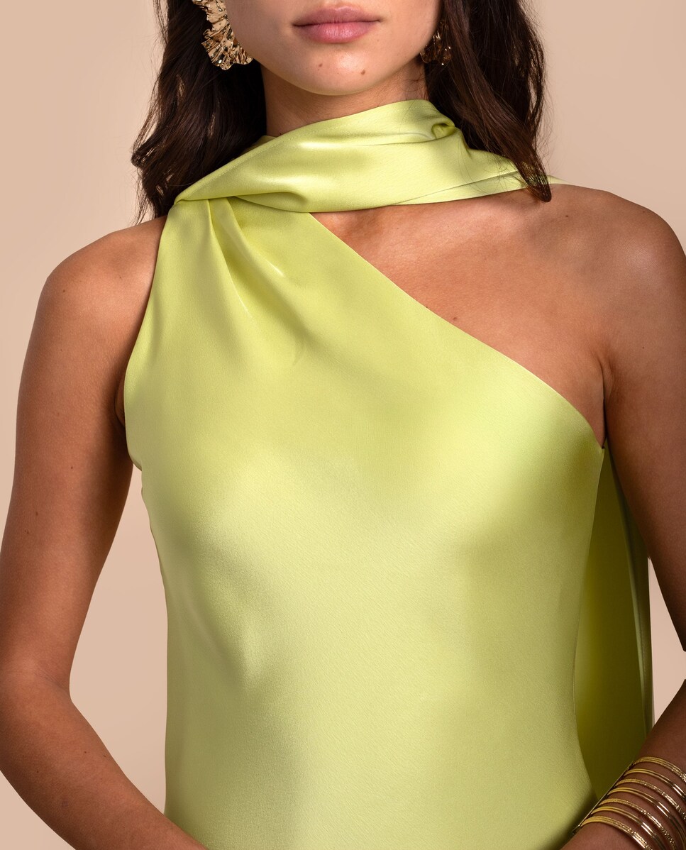 Vestido Comprido Assimétrico com Laçada Amarelo-limão-4